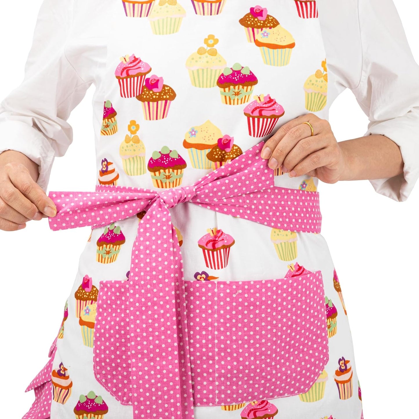 Women's Cotton Floral Apron with Pockets, Adjustable Long Ties for Kitchen Cooking, Baking and Gardening