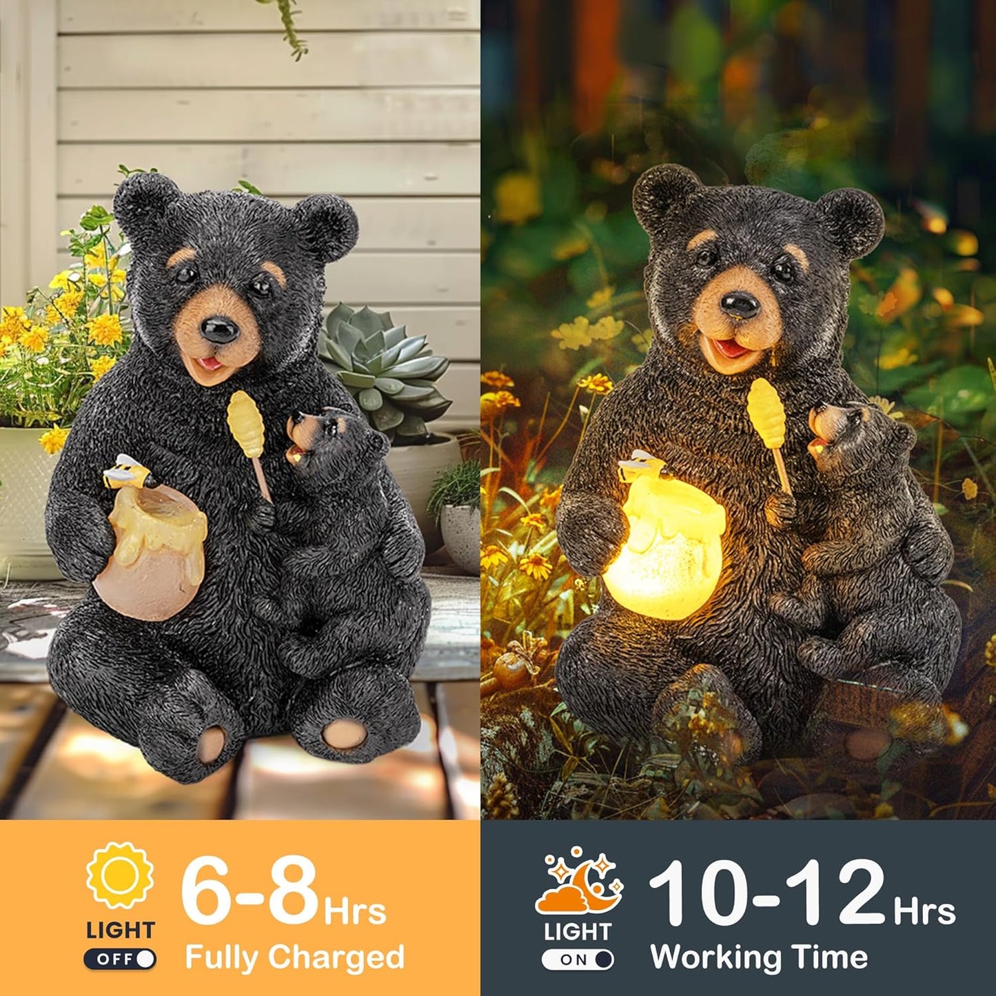 GIGALUMI Solar Garden Statues Bears 9", Loving Black Bear Decor, Yard Decorations Outdoor, Bear Figurine Lights for Outside, Garden Decor Unique Birthday Housewarming Gifts for Women, Mom