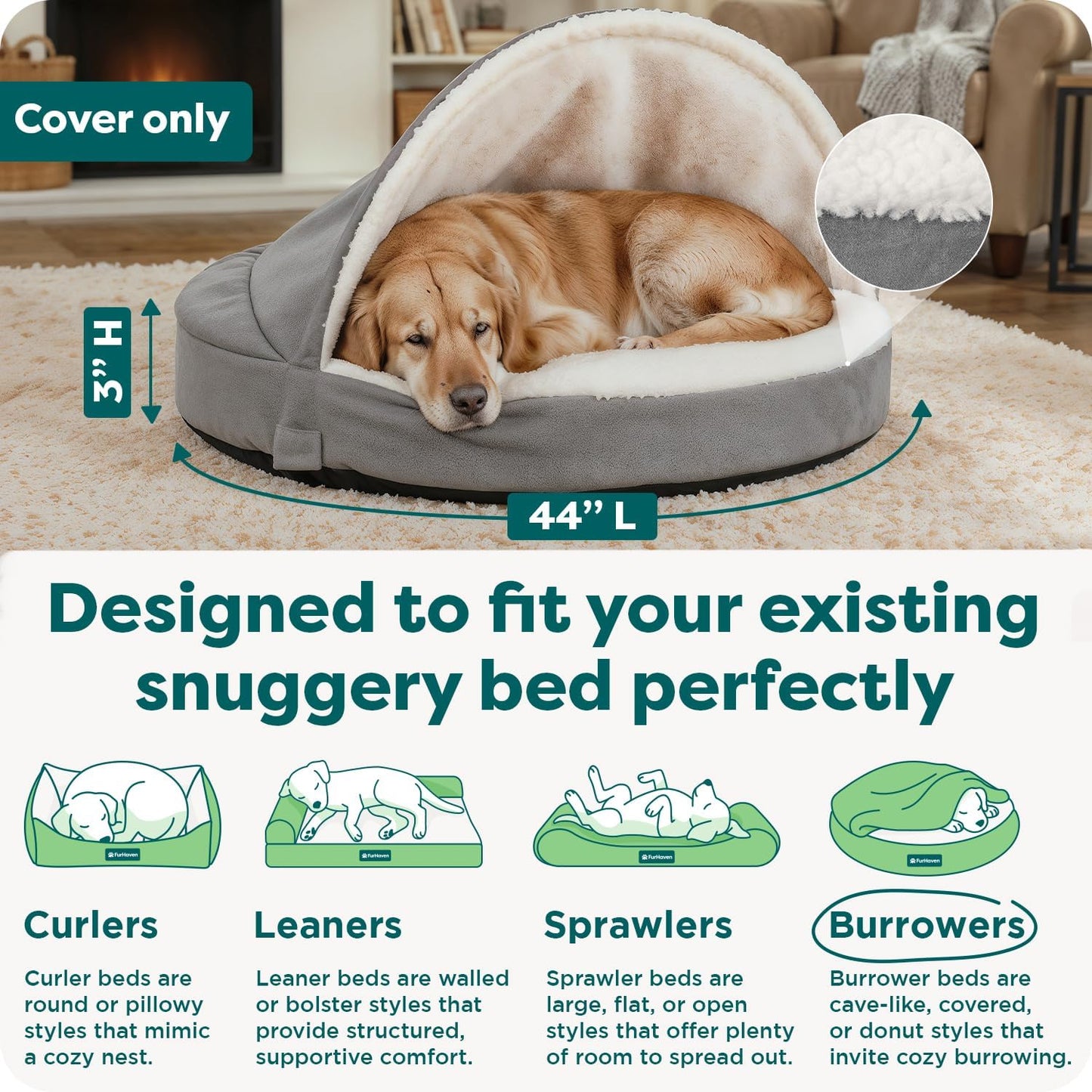 FurHaven Replacement Dog Bed Cover for Sherpa & Suede Snuggery, Fits Cool Gel-Top Foam Beds & Solid Orthopedic Foam Beds, Machine Washable, Jumbo XL (44 inch), Gray