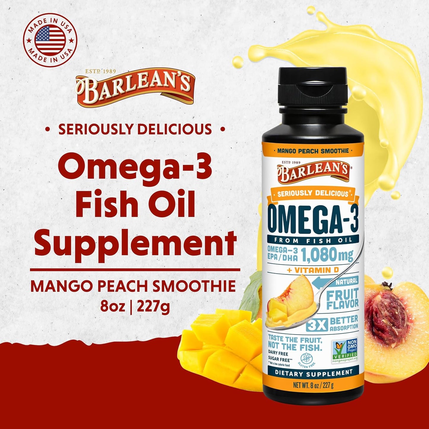 Barlean's Omega 3 Fish Oil Liquid Supplement with Vitamin D for Men and Women, 1080mg of EPA and DHA Fatty Acid, Promotes Brain & Heart Health - Non-GMO, Mango Peach, 8 oz