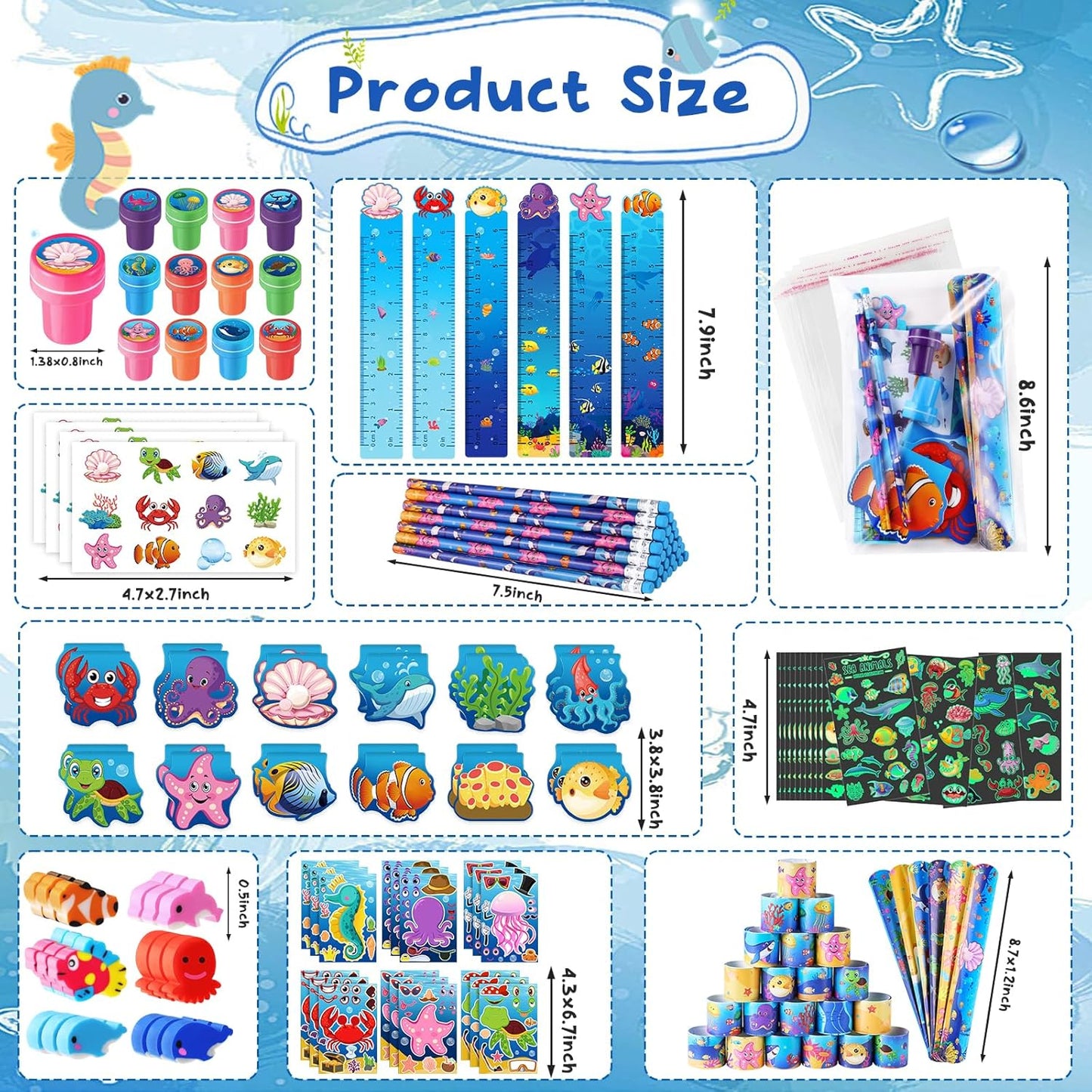 BenLouis 120Pcs Under the Sea Party Favors Ocean Animals Party Stampers Stickers School Stationery Bulk for Kids Sea Shark Birthday Mermaid Party Goodie Bag Stuffer Classroom Gifts Rewards Supplies