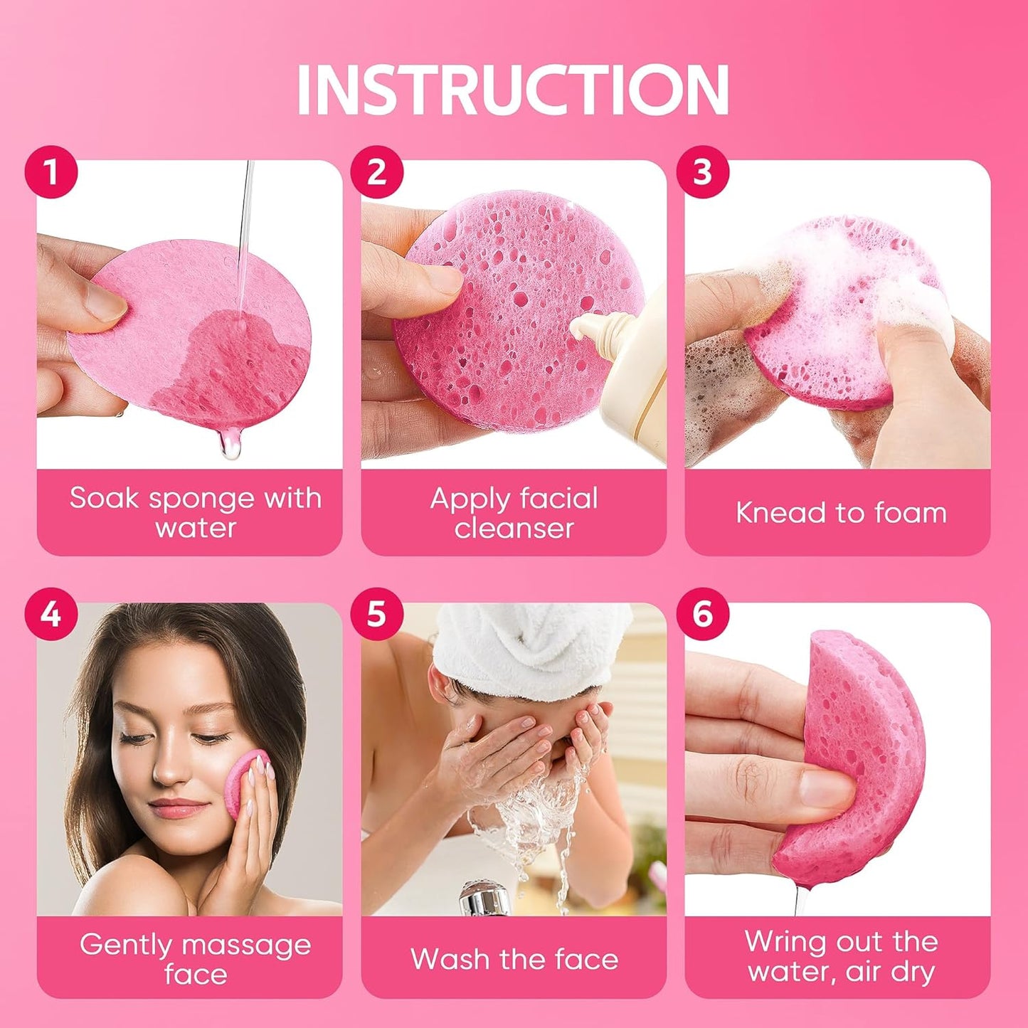GAINWELL 50-Count Compressed Facial Sponge for Daily Facial Cleansing and Exfoliating, 100％ Natural Cosmetic Spa Sponges for Makeup Remover, Reusable, Pink
