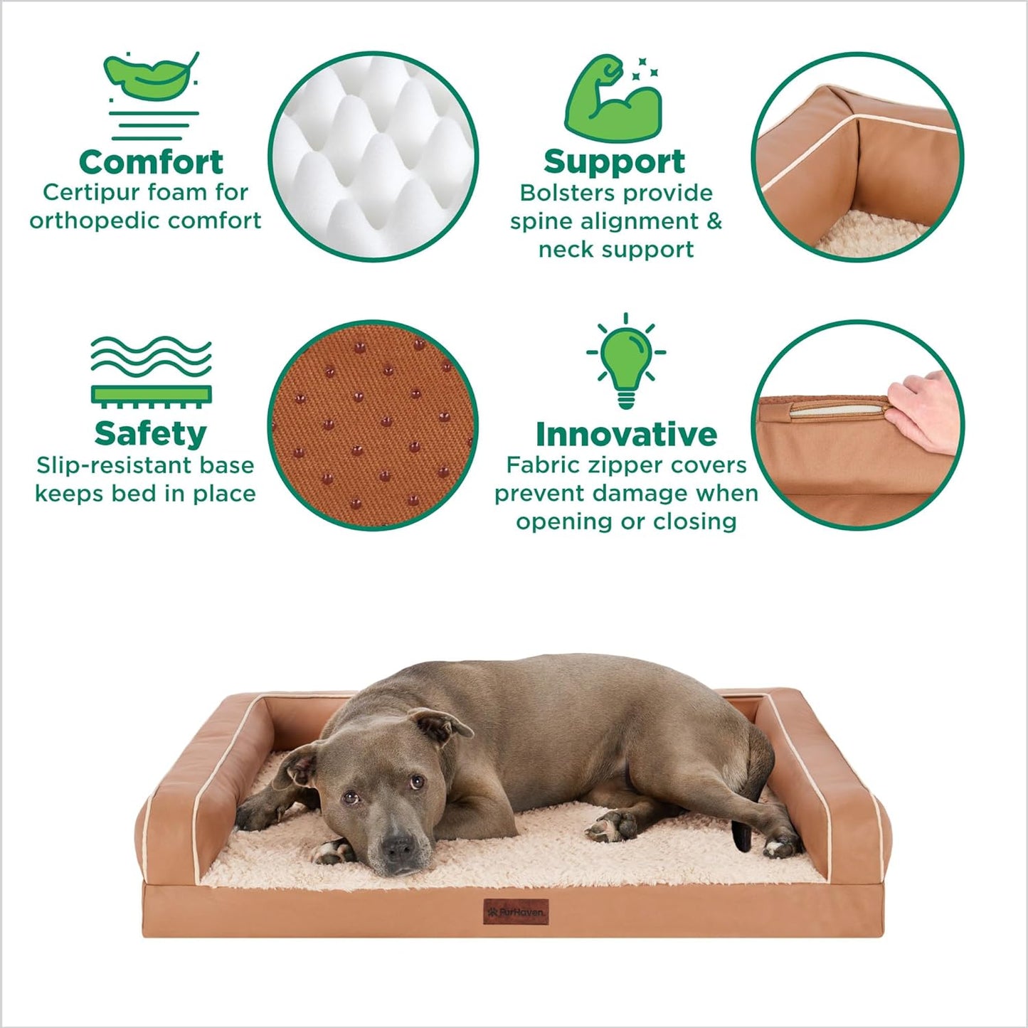 FurHaven Textured Plush & Coated Polyester Solid Core Modern Sofa Pet Bed, Camel, Medium