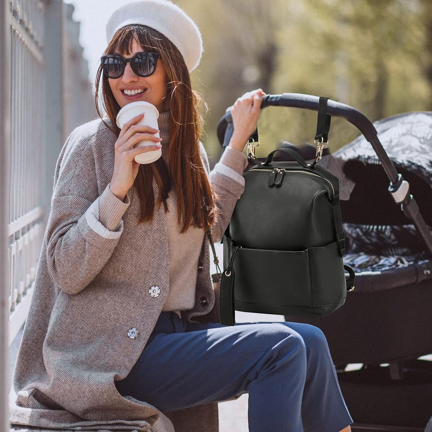 Diaper Bag Backpack Leather Backpack for Women Travel Dad Mother Outdoor Backpack with Changing Pad Stroller Straps(2 pieces) Khaki