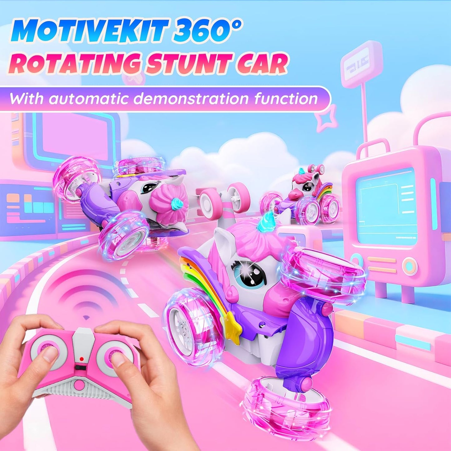 Unicorn Remote Control Car Toys for Girl - 360° Rotating Pink RC Stunt Cars 4WD Remote Cars for Kids, 2.4GHz Toy Car with LED Lights, Easter Birthday Gift for 3 4 5 6 7 8 9 Year Old Girl