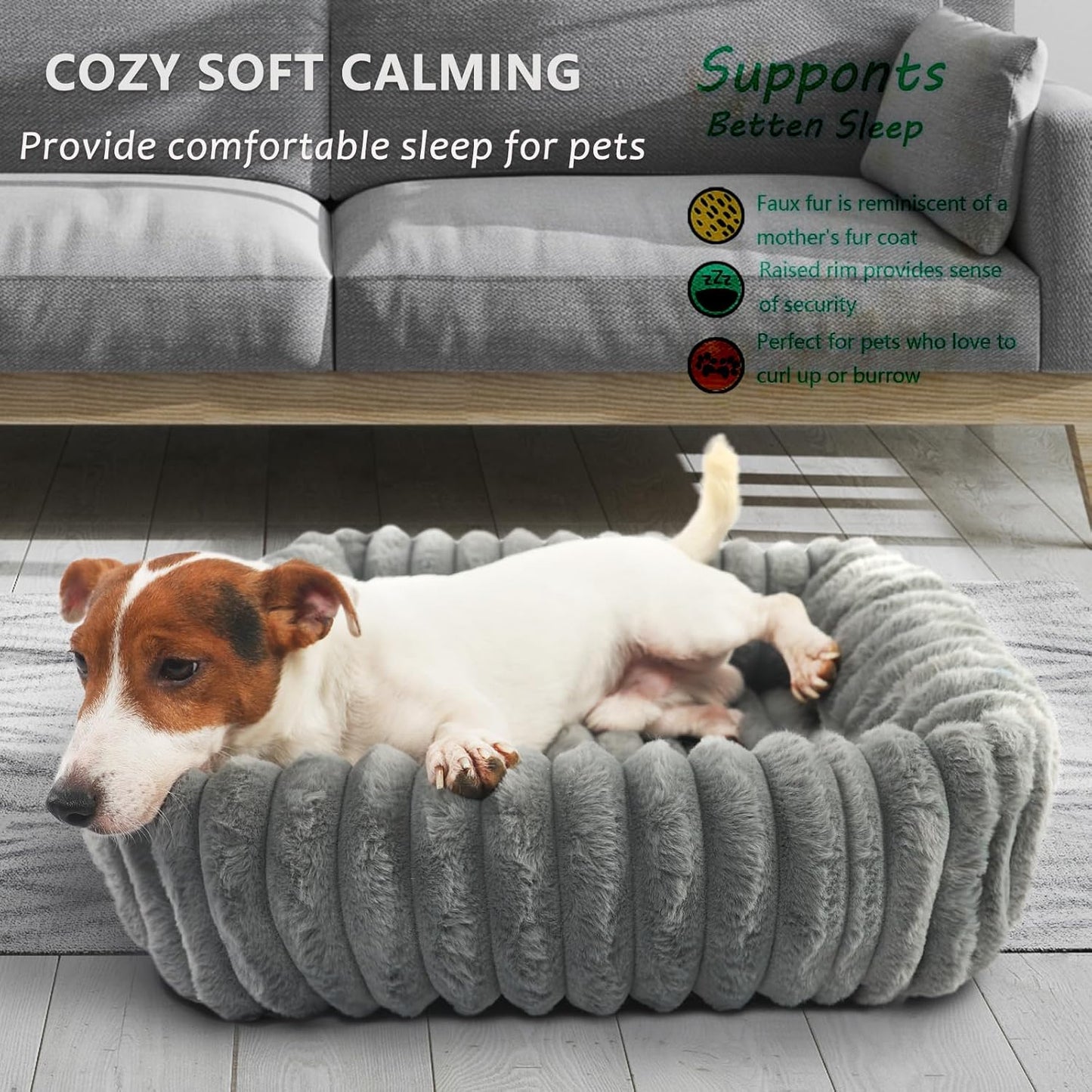 Rectangle Dog Bed for Small Dogs Washable Furry Puppy Beds,Orthopedic Soft Calming Warming Sleeping Cat Bed with Sides,Cozy Corduroy Fleece Square Pet Beds for Large Cat and Puppy,Warm Grey 20x19 Inch