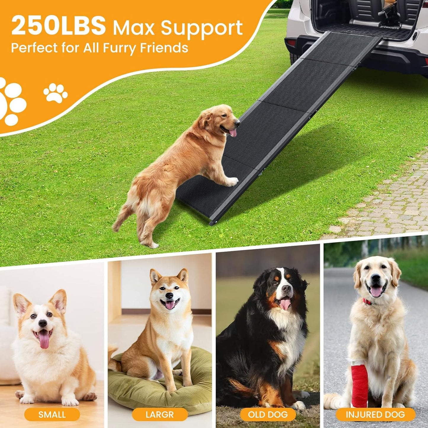 Dog Ramp for Car, 71''x 17'' Pet Ramp for Large Dogs with Anti-Slip Surface, Extra Long Dog Ramps Up to 250LBS for Truck SUV Van Stairs, Folding Car Ramp for Dogs to Get on Bed Couch