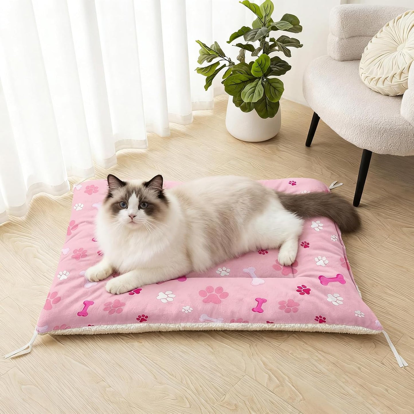 Pink Paw Print Dog Bed Mat - Cute Puppy Pad for Crate or Kennel - Washable Bone Design Pet Mat - Soft Fleece Liner for Small Dogs & Cats - Anti-Slip (M)