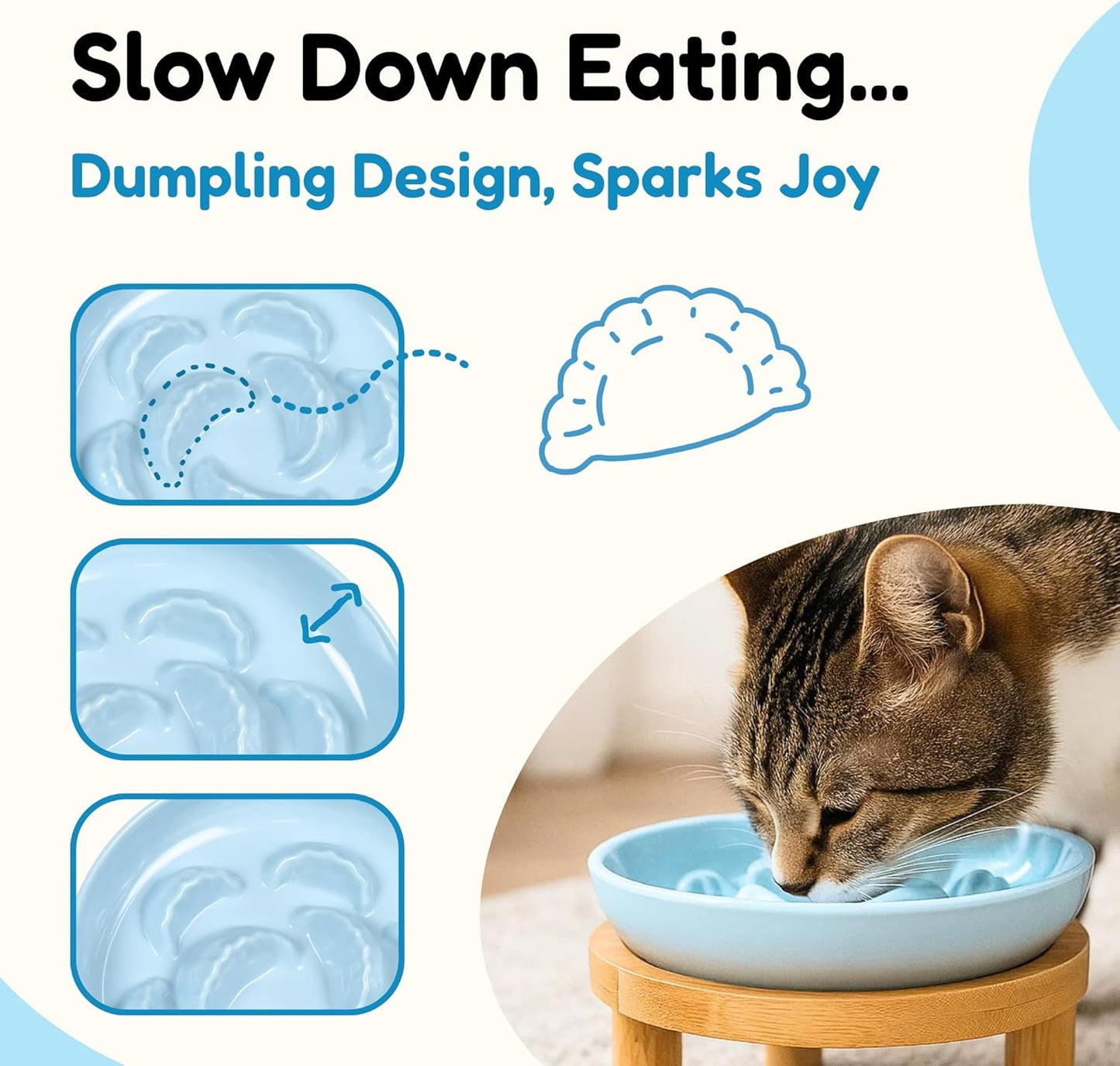 Slow Feeder Bowl, 6.3″ Elevated Cat Bowl with Stand, Melamine Wide Shallow Food Bowl, Whisker-Friendly Raised Plate, Wet Food Feeder for Slow Eating (Blue)