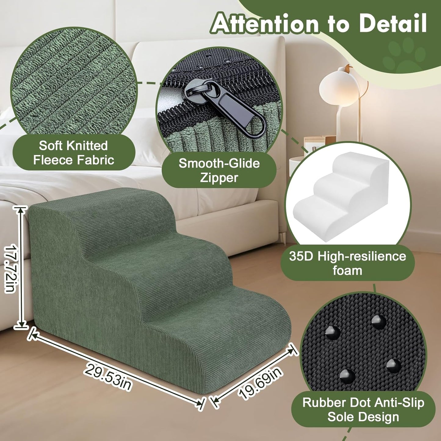 Large Dogs Stairs for Bed, Extra Wide Pet Step for Couch or Chair, 100lbs Load Capacity, 3-Step Stable & Sturdy Cat & Dog Ramp for Puppy Small Medium Senior Dog Essentials, Washable Cover,Green