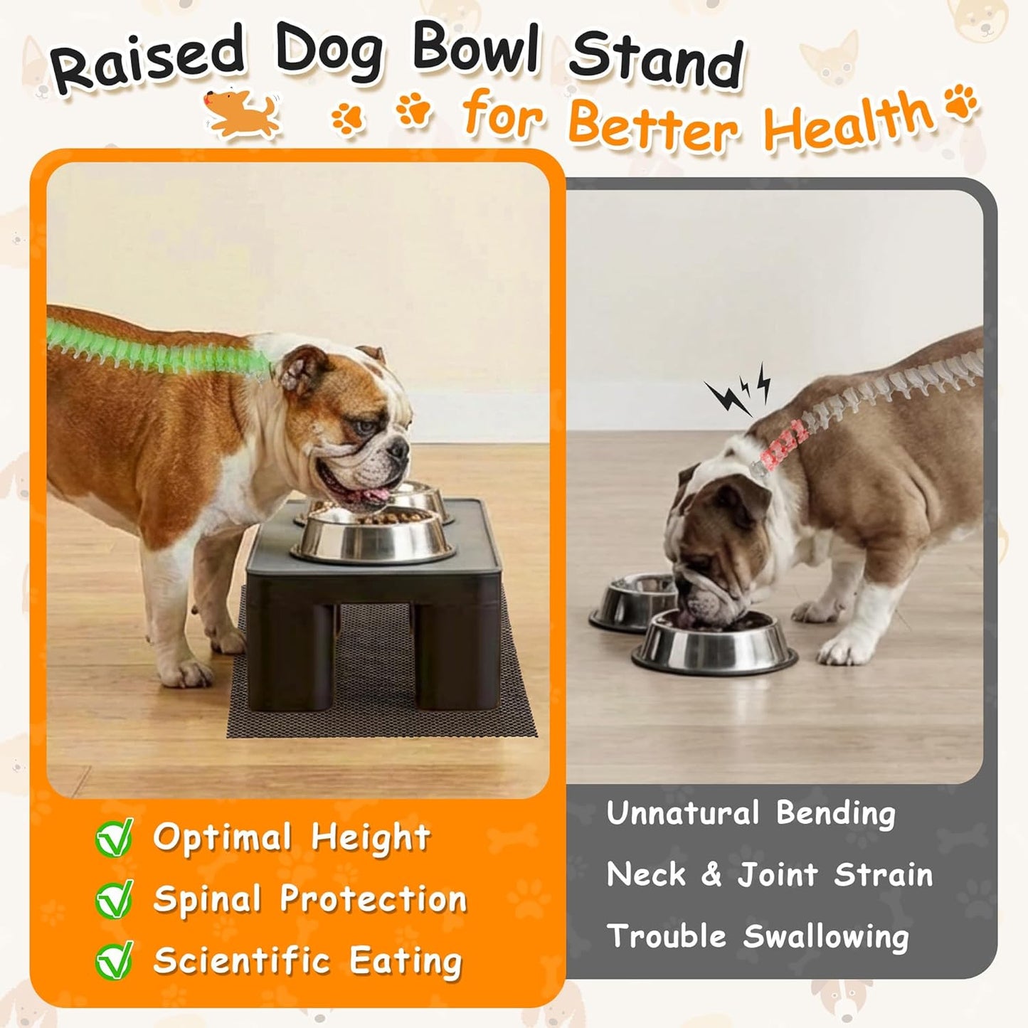 Upgraded Elevated Dog Bowl Stand and 100% Waterproof & Non-Slip Mat, Raised Bowl Stand for Small Medium Dogs, Easy-Clean Silicone Pet Food Mat- Neck Strain Relief & Protect Your Floors
