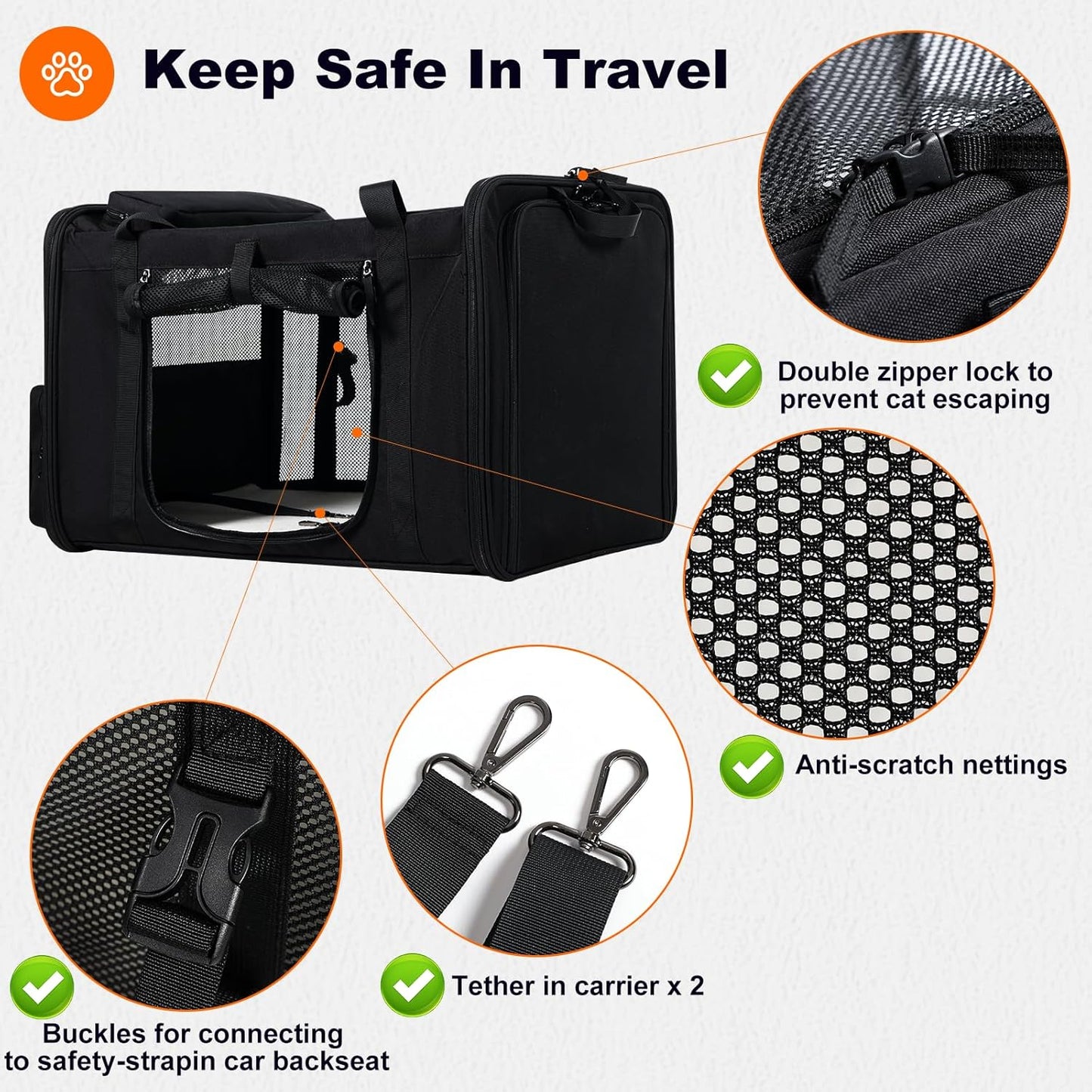 25''(L) x 17''(W) x 17''(H) Extra-Large Expandable cat Carrier for Long Distance car Travel,for 1 Extra-Large cat / 2 Large Cats / 3 Small-Medium Cats up to 35 lbs(Black)