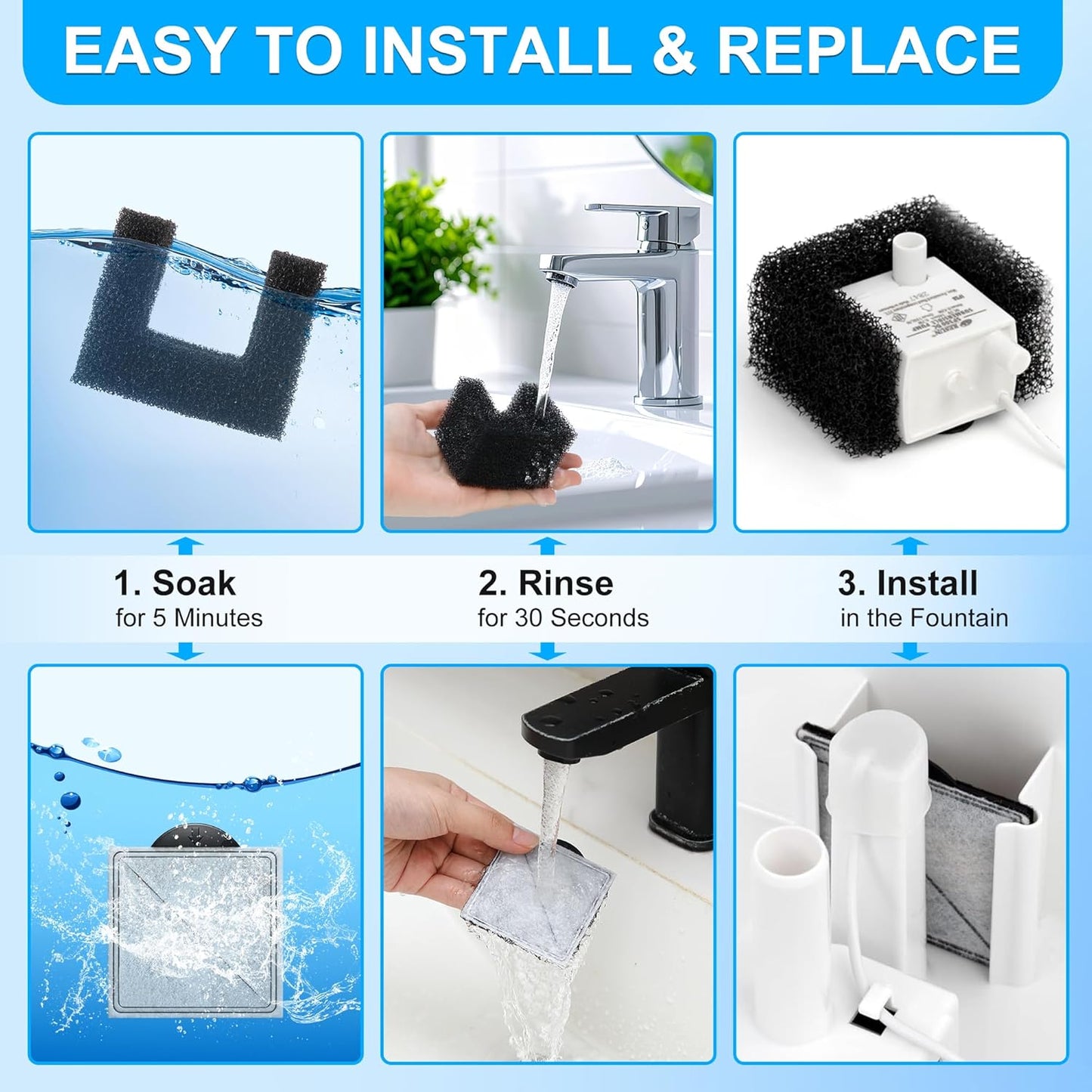 Enhon 24 Pack Cat Water Fountain Filter Replacement Kit, 12 Foam Filters & 12 Carbon Filters Compatible with PetSafe Viva 64/140oz, Outlast Pumpless, Ion-X & Premier Pet Fountains, Dual Filtration
