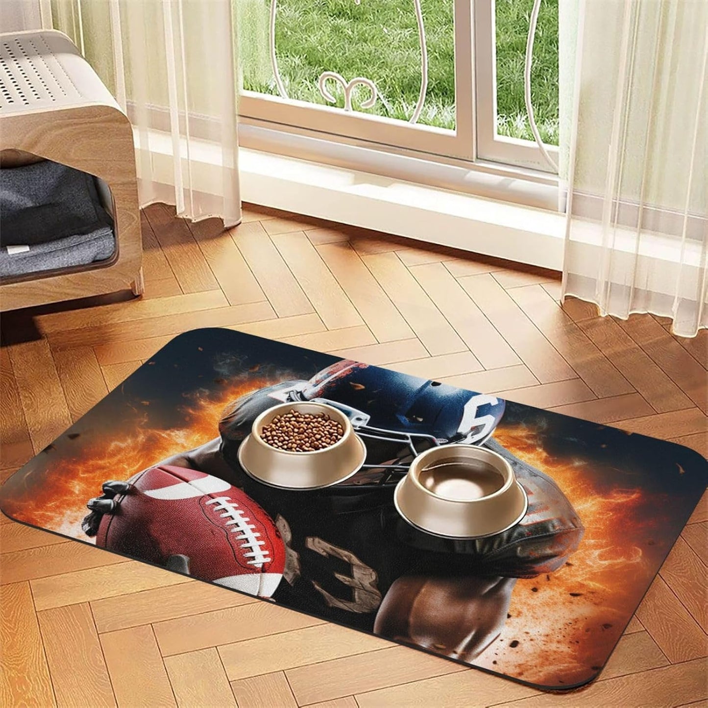 Cool American Football Pet Feeding Mat 40x60cm Absorbent Leather Dog Cat Food Mats Non-Slip Dog Bowl Mats for Food and Water, Quick Dry Pets Placemats for Cats and Dogs Water Bowl