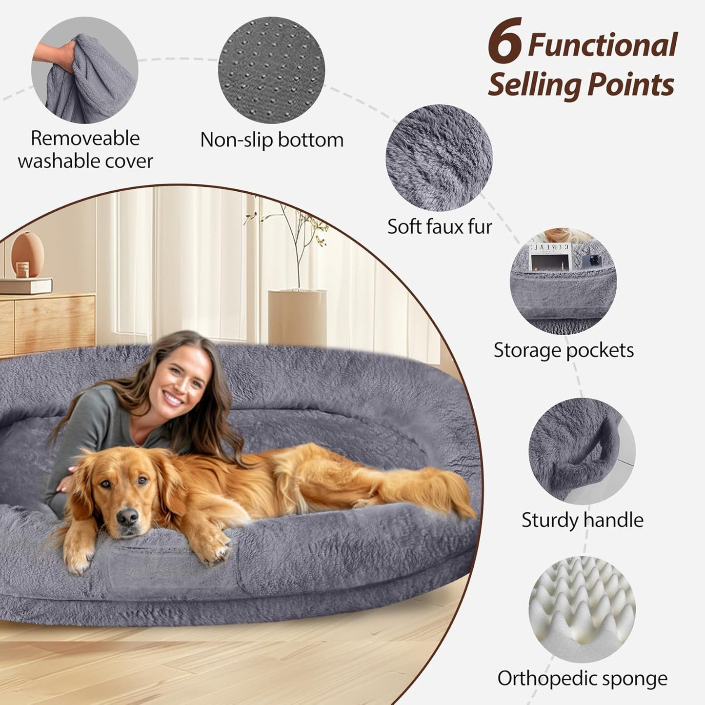 L&W BROS. Orthopedic Human Dog Bed for Large Dogs and Adults, Washable Extra Large Pet Couch with Removable Cover & Blanket, Supportive Memory Foam Lounger 71"x47" (Dark Gray)