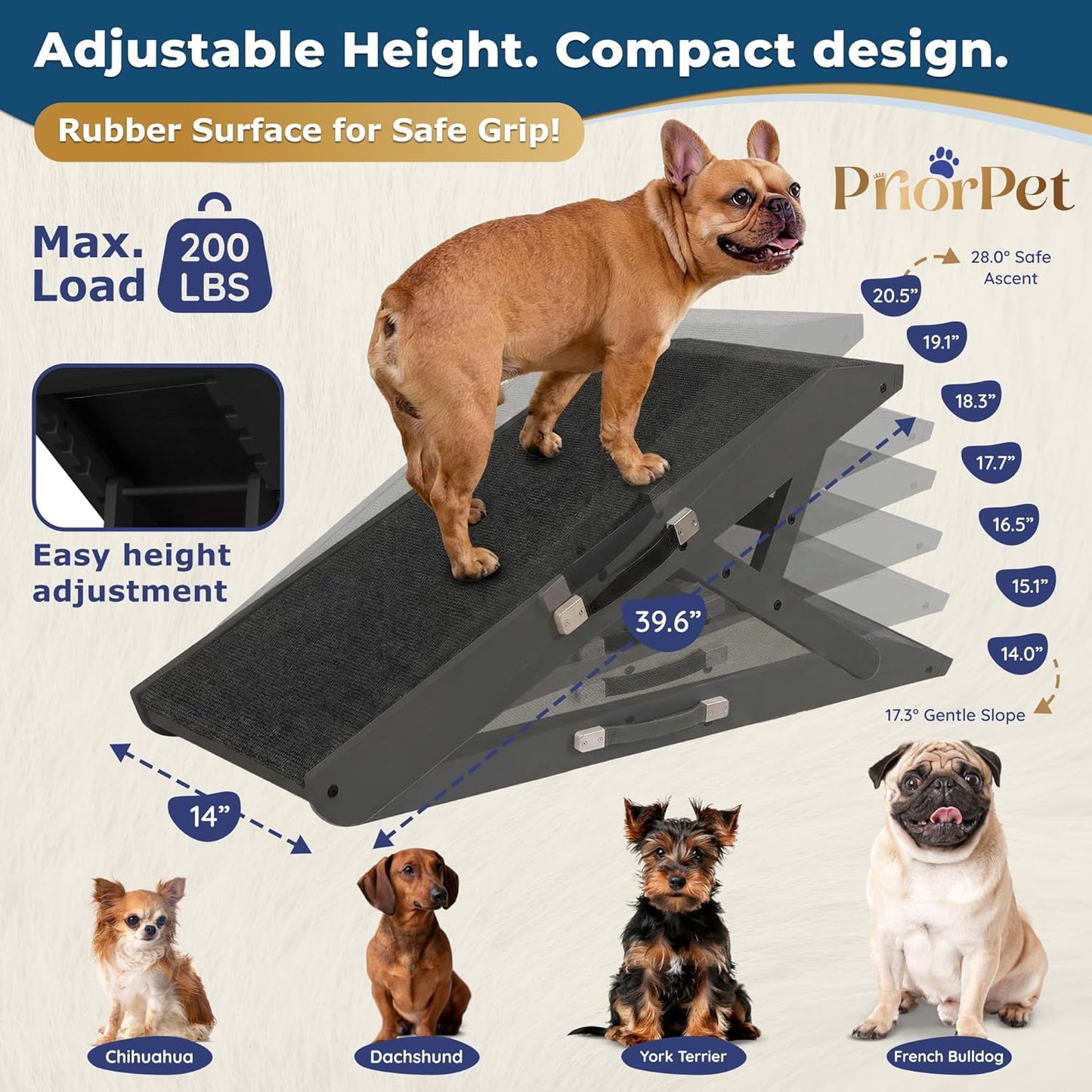 Dog ramp for Couch – Non-Slip, Sturdy Build Foldable Dog ramp – Supports up to 200lbs – Adjustable 7'' to 20'' – Landing Platform Seamlessly Connects – Birchwood Pet Ramp for Small Dogs – Black
