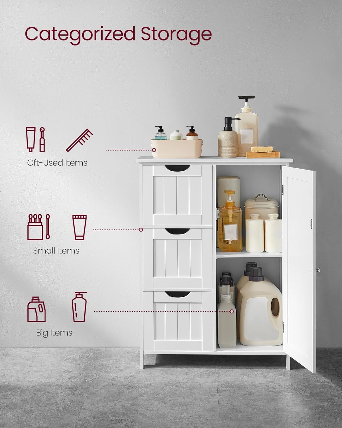 VASAGLE Floor Storage Cabinet, Freestanding Storage Unit with 3 Drawers, 1 Adjustable Shelf, for Bathroom Living Room Dining Kitchen, 11.8 x 23.6 x 31.5 Inches, Cloud White UBBC049WH01S