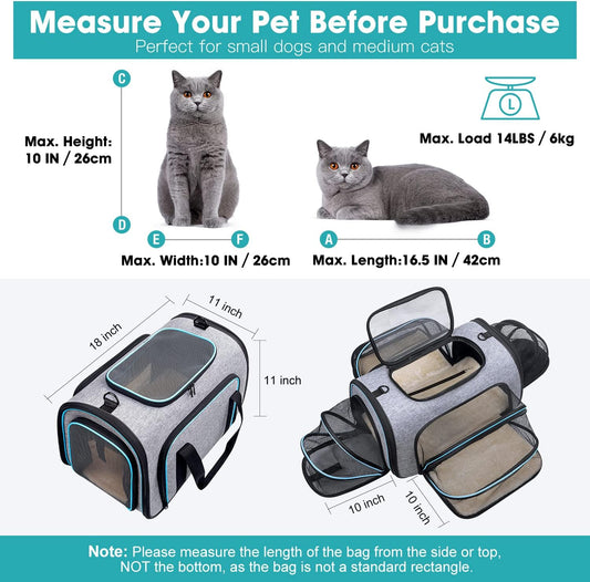 Siivton Airline Approved Pet Carrier, 4-Way Expandable Cat Dog Carrier for Under-Seat Travel, Soft-Sided Portable Pet Bag with Removable Fleece Pad, Fits Small Pets Up to 15 lbs (18"x 11"x 11")