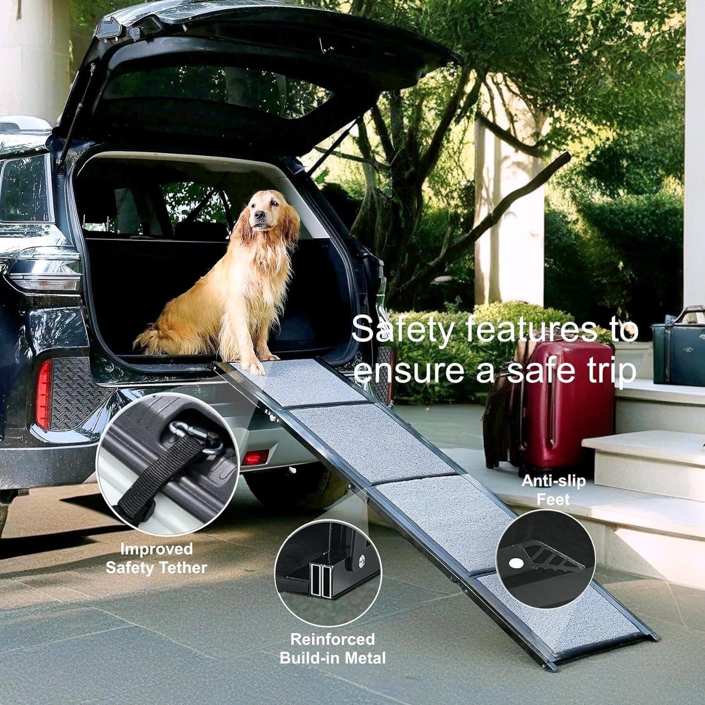 Pet Ramp (160 x 44 cm),Dog Ramp for Car, SUV & Truck, 63" Long & 17" Wide, Fold-able & Portable Pet Ramp with Non-Slip Rug Surface, Extra Wide Dog Steps for Medium & Large Dogs Up to 250LBS