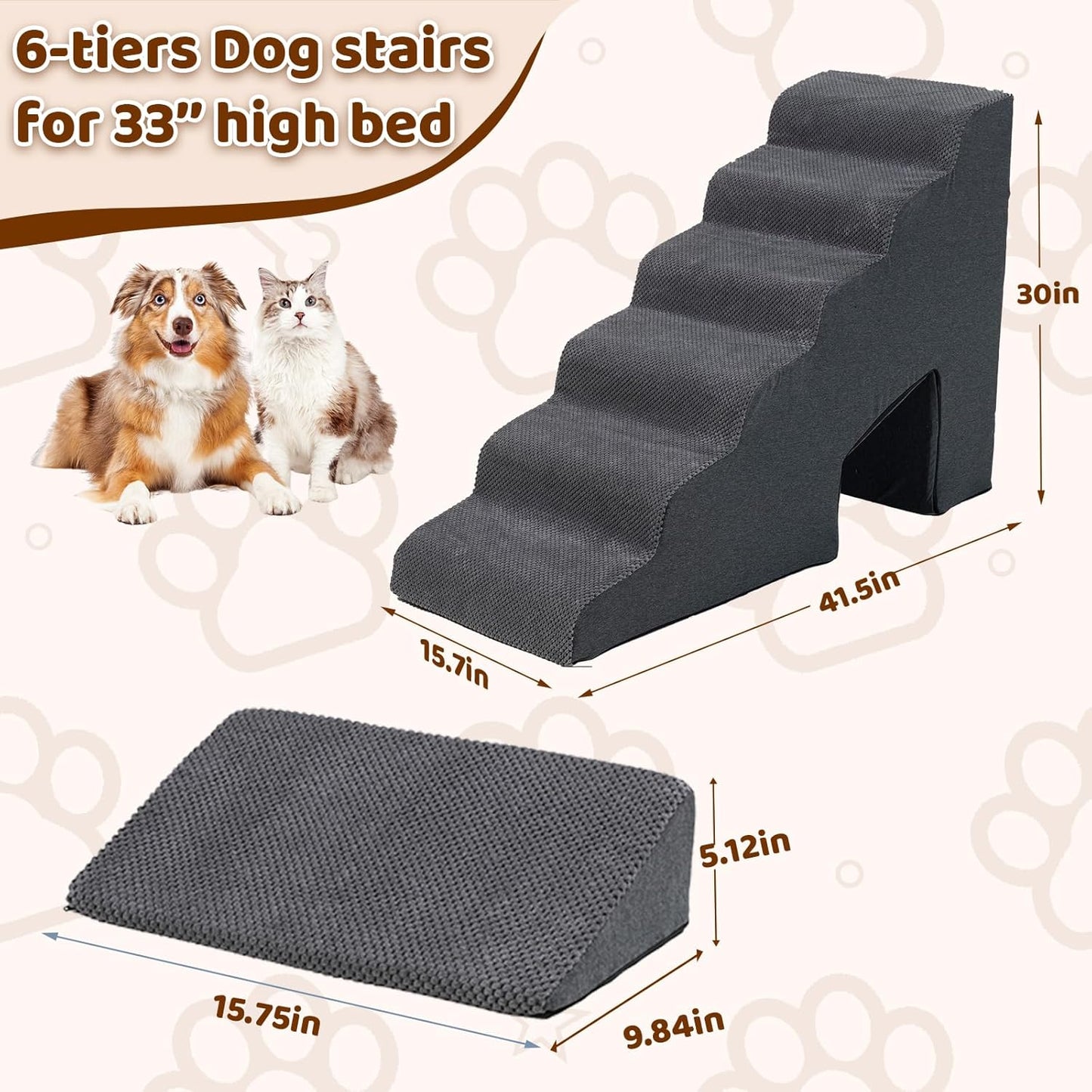 Dog Stairs for High Bed, 30 Inch Height 6 Steps Soft Foam Spliced Dog Steps for Bed, Non-Slip Sturdy Pet Stairs with 3 Pack Ramps for Staircase, Ramp for Small, Older Dogs - Grey
