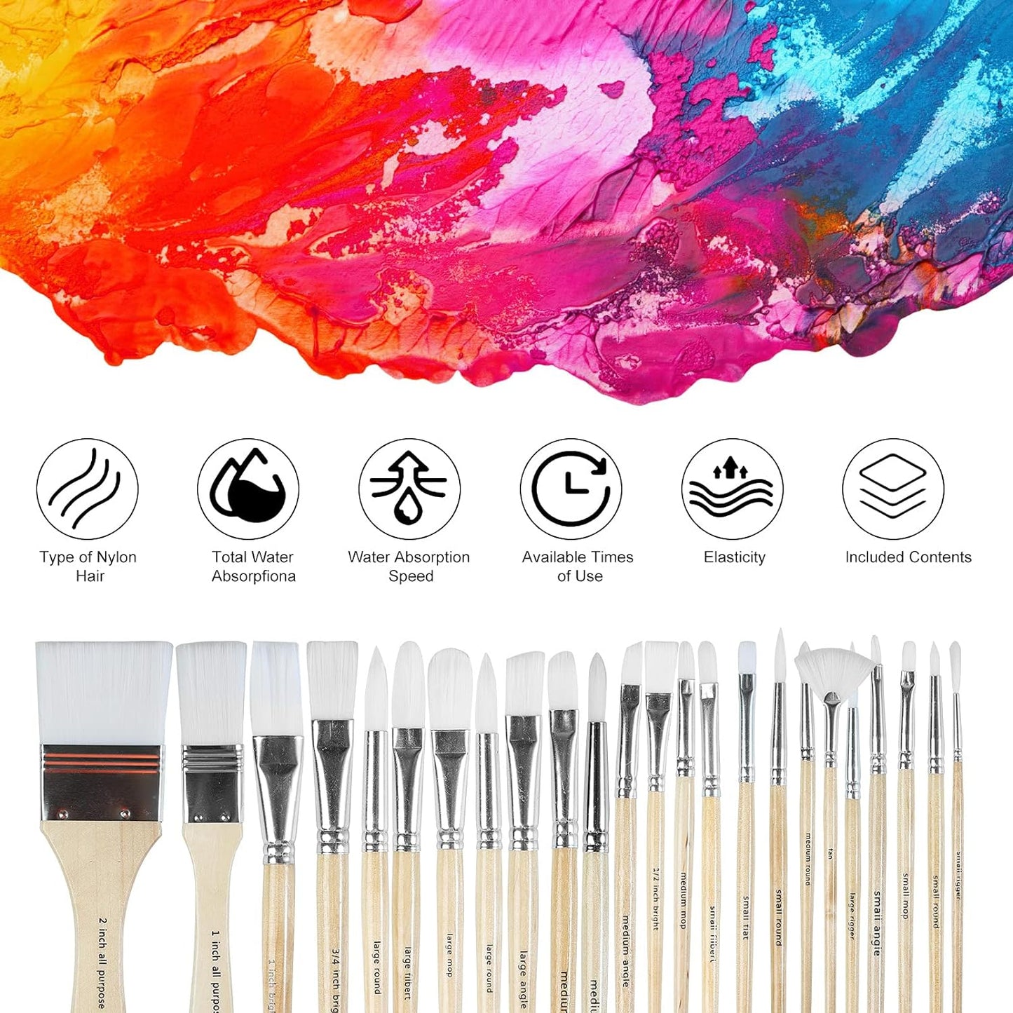 Paint Brushes Set of 24 Pieces Wooden Handles Brushes with Canvas Brush Case, Professional for Oil, Acrylic and Watercolor Painting