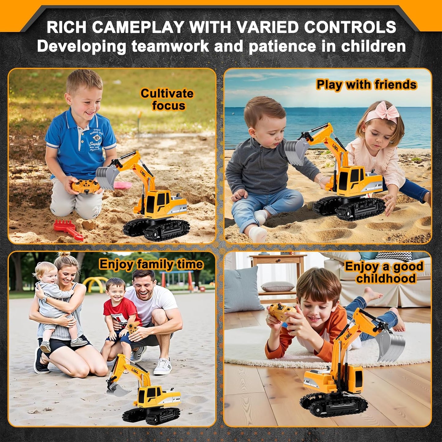 Remote Control Excavator Toy for Boys Kids, 1:24 RC Construction Vehicles with Metal Shovel, Realistic Lights & Sounds, Best Christmas | Birthday Gift for Boys & Girls 3-5 4-7 8-12 12+ Year Old Kids