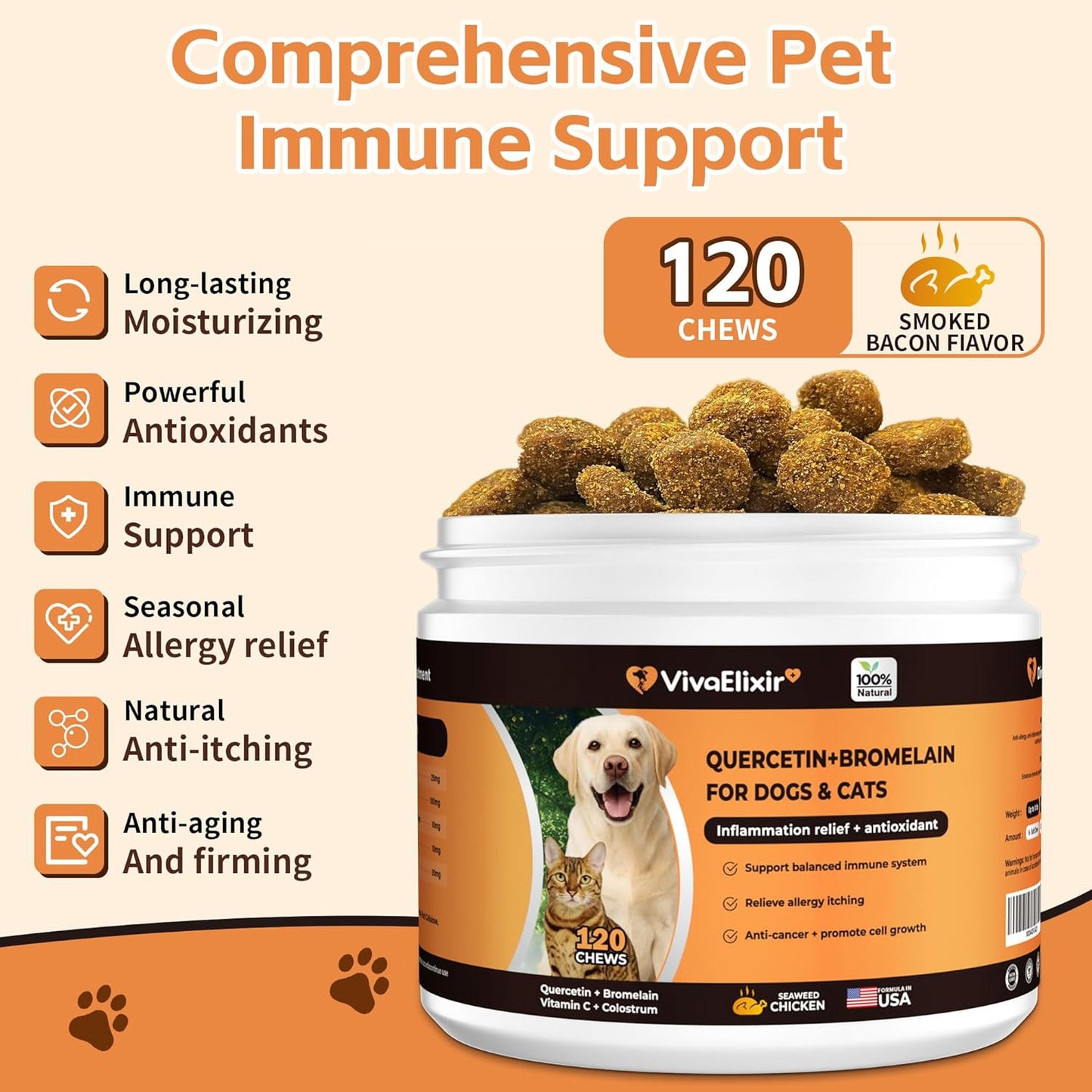 Quercetin & Bromelain for Dogs & Cats with Colostrum & Probiotics - Supports Immune System, Relieves Itchy Allergies, Anti-Inflammatory Antioxidants, Veterinarian Recommended, 120 Chewable Tablets