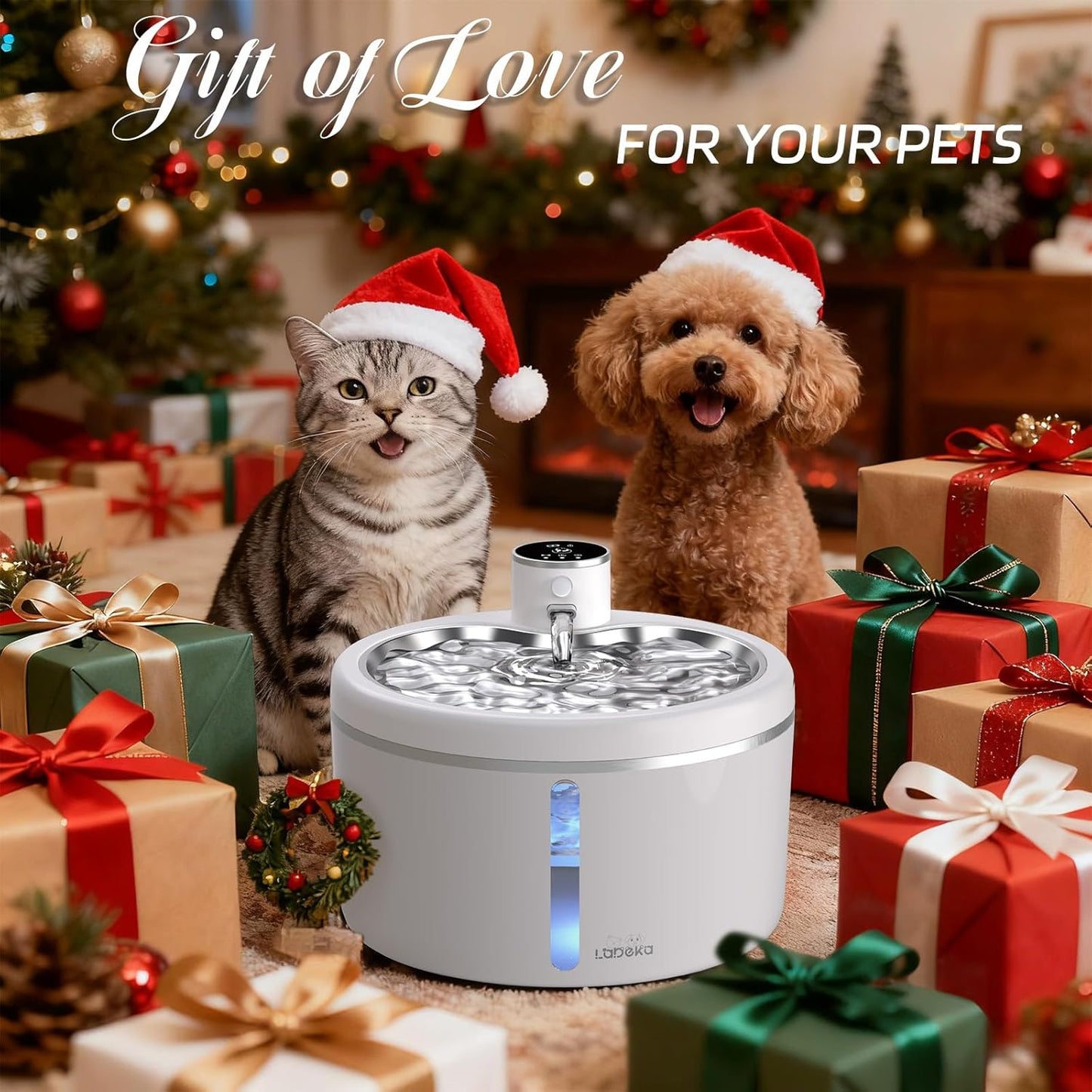 Wireless Cat Water Fountain with Stainless Steel Tray, 102oz/3L Pet Water Fountain for Cats Inside, Cat Fountain for Drinking with Motion Sensor, Ultra Quiet Pump, Cats & Dogs Gifts-8Filters