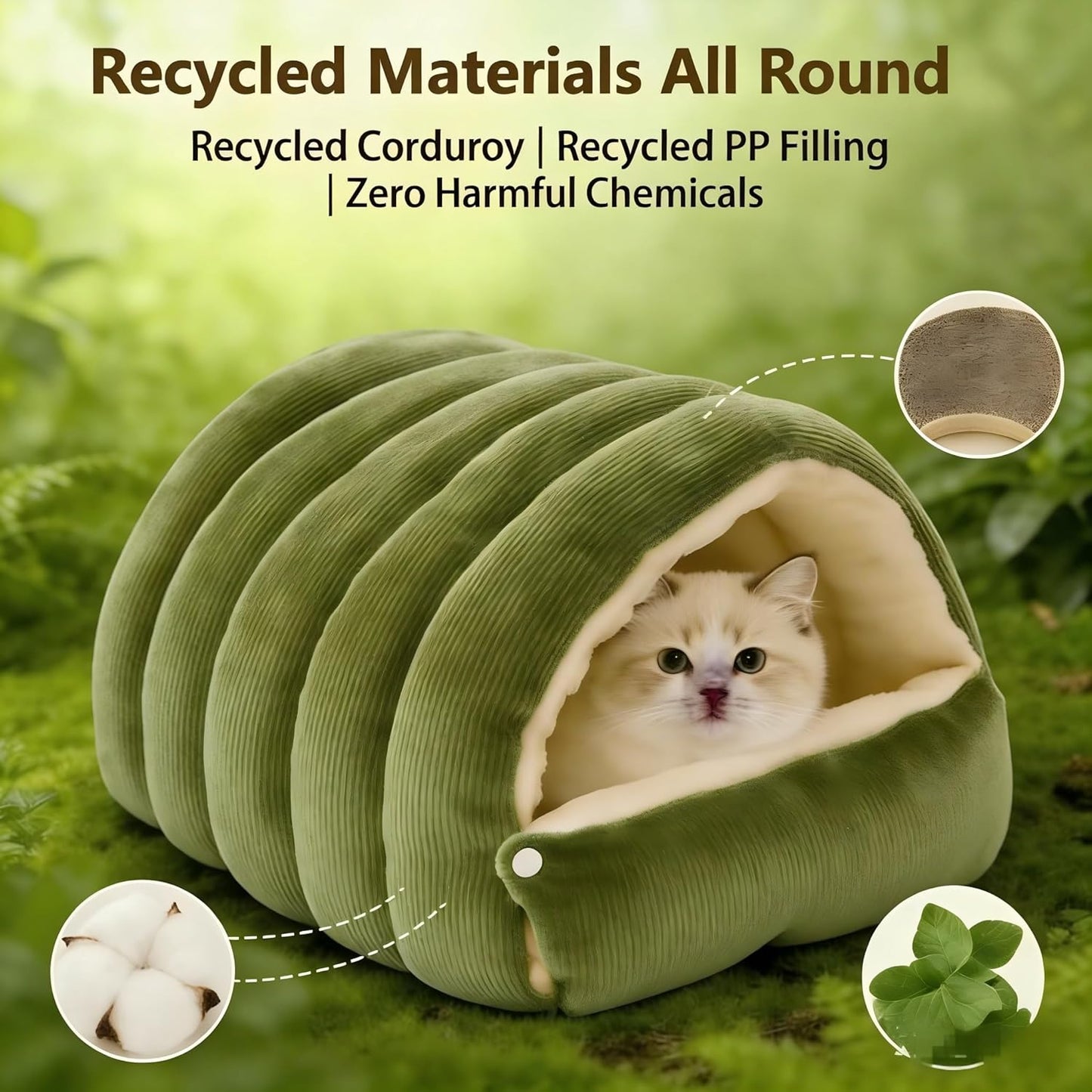 Cat Cave Bed with Hood - Indoor Cat Bed for Cats, Soft Cat Sleeping Bag, Pet Cave for Cats, Detachable Design (Green, 22 inch)