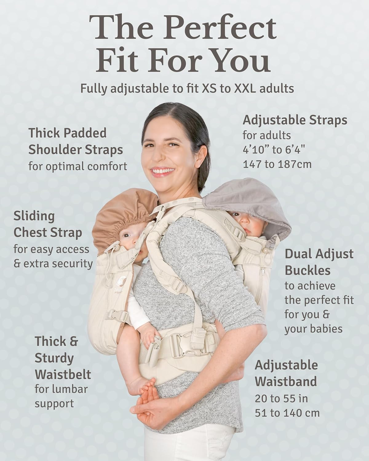 TwinGo Carrier - Breathable Twin Baby Carrier That Separates into 2 Baby Carriers, Adjustable Twin Carriers for Babies and Toddlers (10-45 lbs), Fits Adults XS-XXL - Air Model, Simply Neutral
