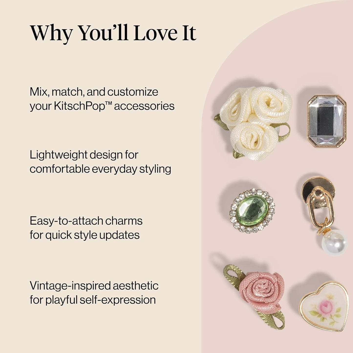 KitschPop™Charm Sets – Interchangeable Charms For Hair Clips, Hair Brushes | Durable Assorted Cute Charms | Compatible with KitschPop™ Hair Accessories - Vintage Ivory, 6pcs