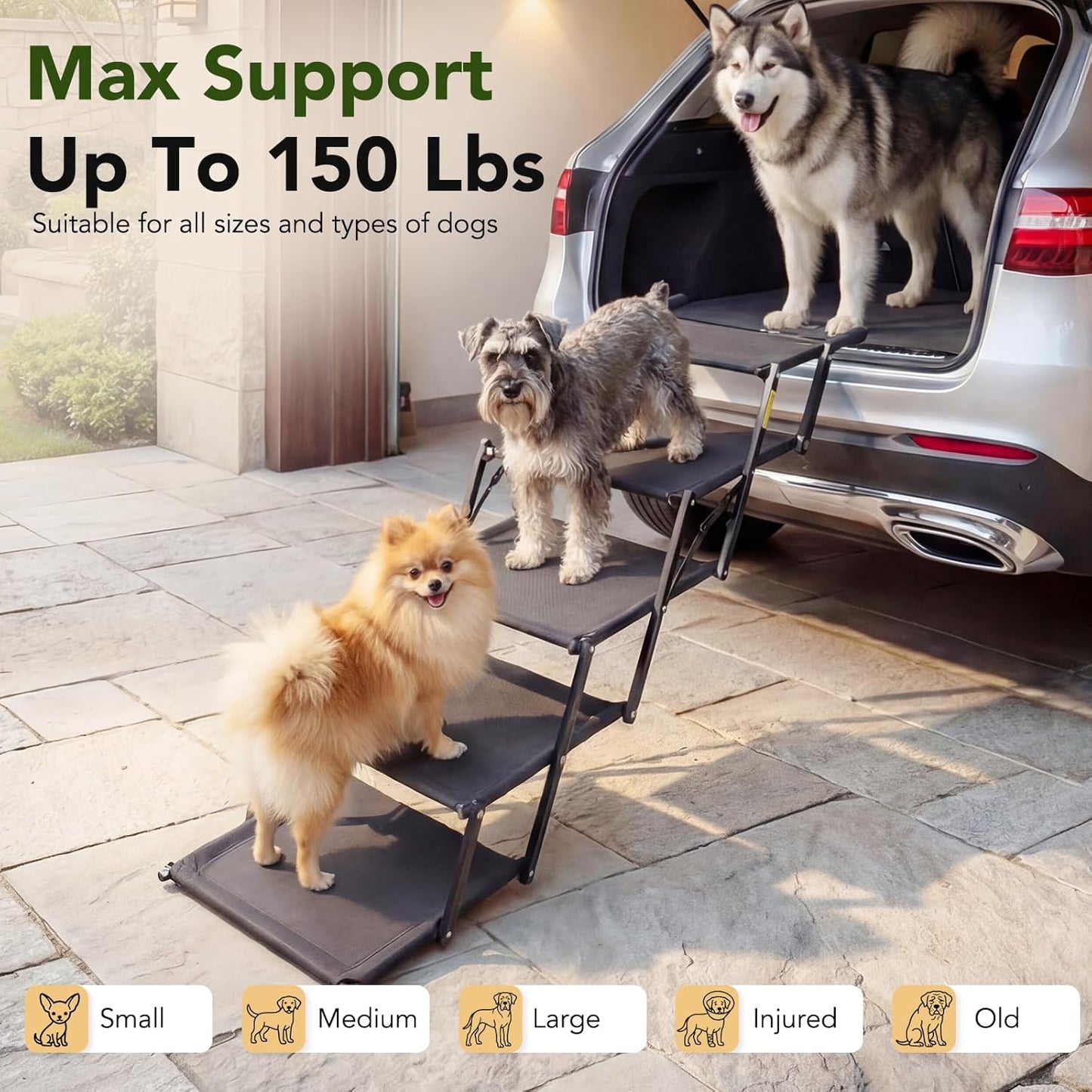 Extra Wide Dog Stairs for Car, Foldable Pet Steps for Large Dogs with Non Slip Surface, Dog Ramp for Truck and SUV, Portable Pet Stairs Supports Up to 150 Lbs (5 Steps)