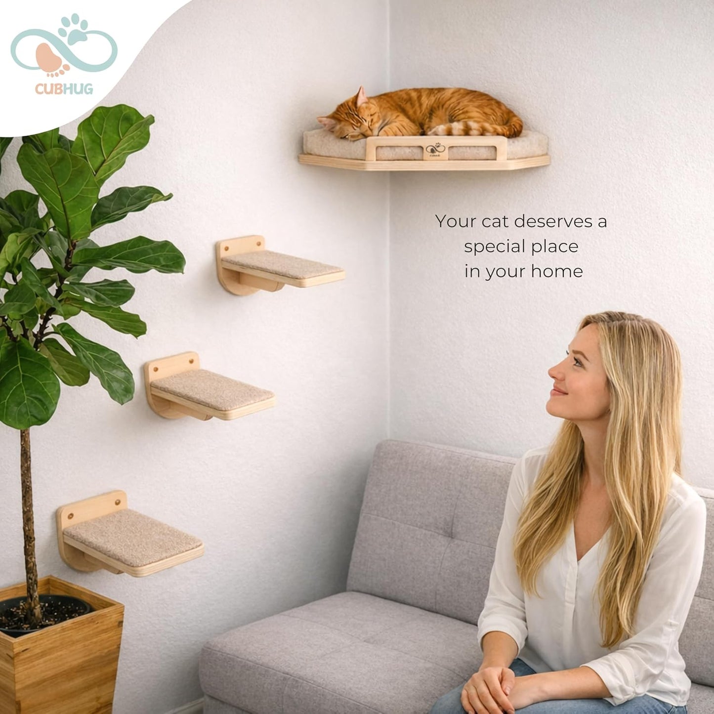 Cat Wall Shelves for Cats & Kitten up to 25 lb – Solid Wood Cozy Corner Bed + Cushion with 2 Washable Covers +3 Wooden Steps, Safe Haven for Indoor Cats, Cat Shelves for Wall, Wood Color
