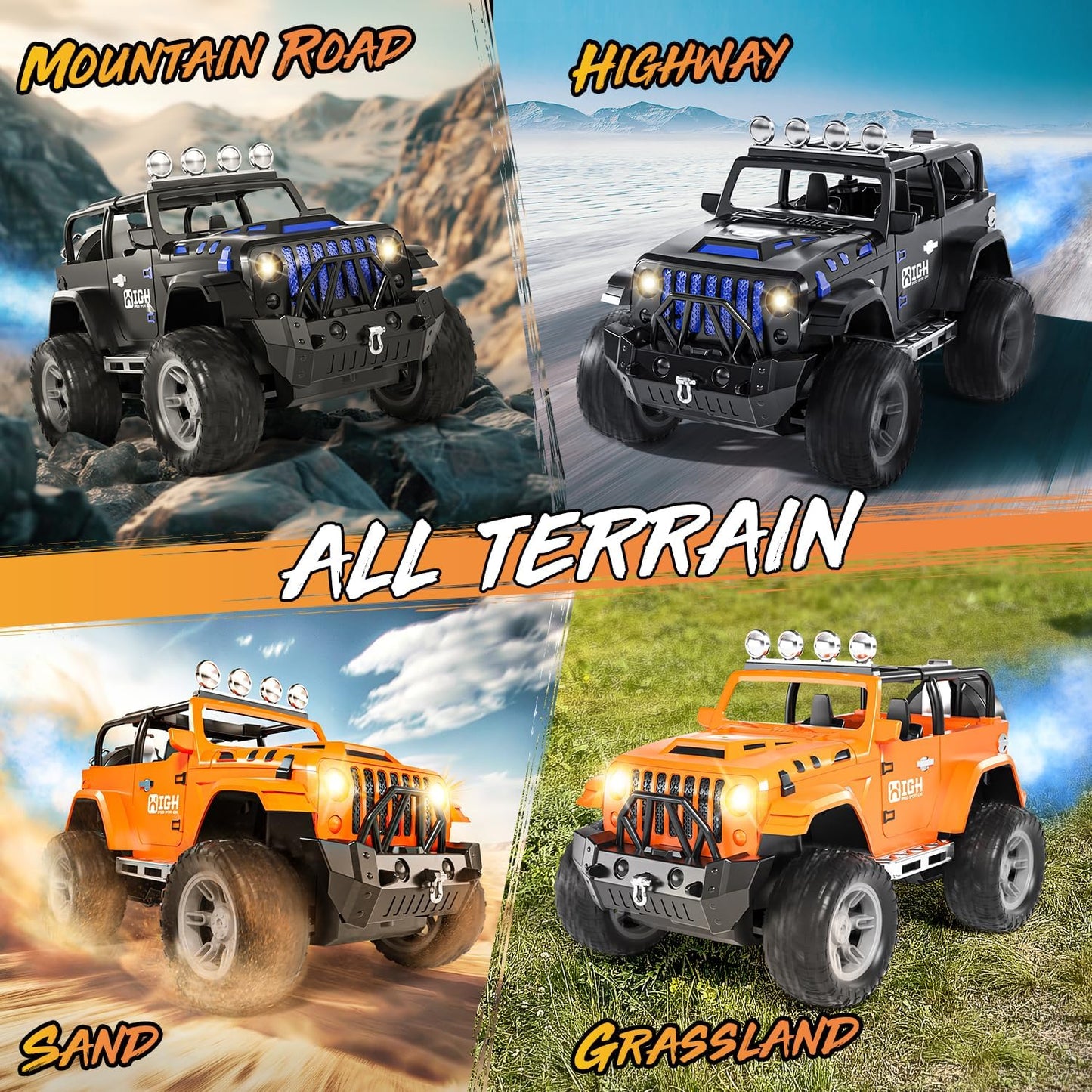 1:16 Remote Control Car with Spray, Lights and Sound, 2.4GHz Remote Control Jeep for Kids, All Terrain Off-Road Jeep RC Car Toys Gift for Boys and Girls