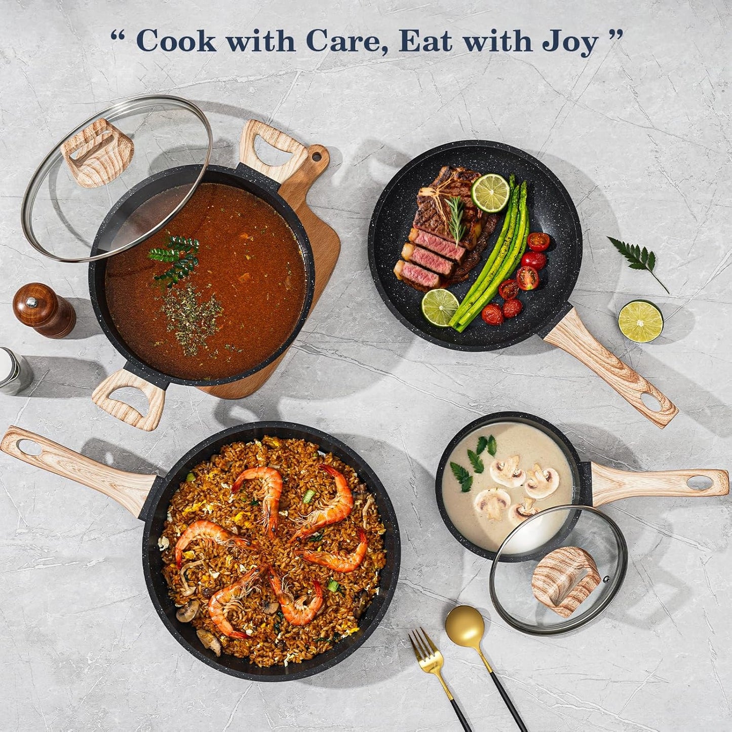 12 Pcs Pots and Pans Set Non Stick, Cookware Sets Black Granite Induction Cookware, Non-toxic Healthy Nonstick Kitchen Cooking Set with Frying Pans Set, Saucepans (PFAS/ PFOA/ PFOS Free)
