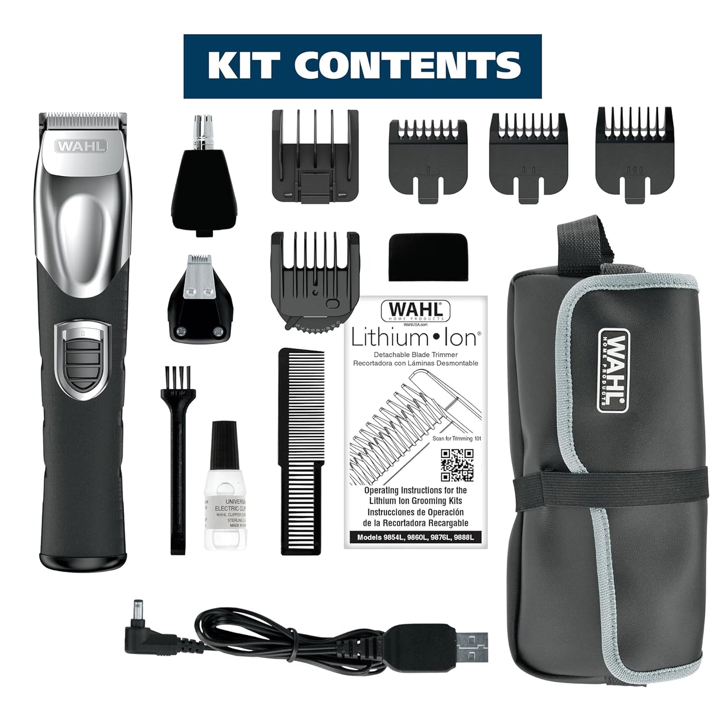 Wahl USA Rechargeable Lithium Ion All in One Beard Trimmer for Men with Detail and Ear & Nose Hair Trimmer Attachment – Model 9854-600B