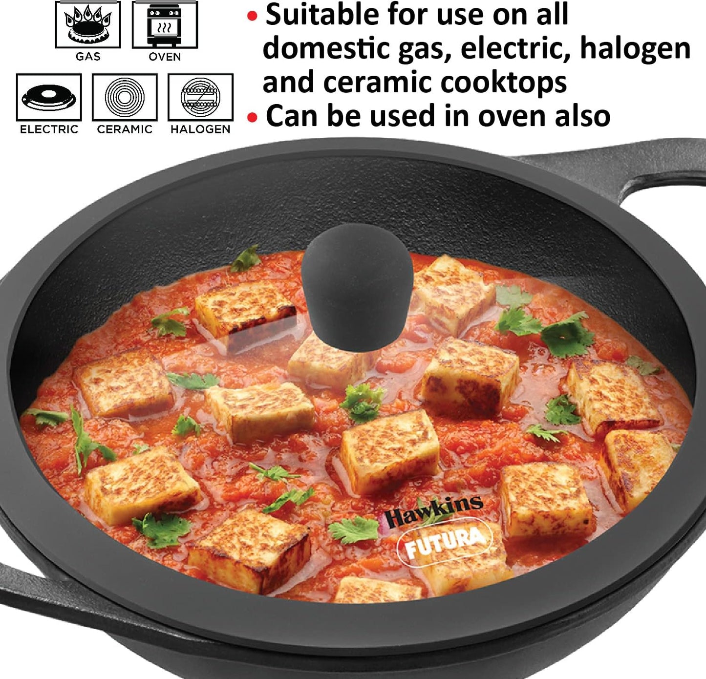 Hawkins Futura 2 Litre Cast Iron Kadhai, Naturally Nonstick Cast Iron Kadai with Glass Lid, Cast Iron Cookware for Kitchen, Black (CIK20G)