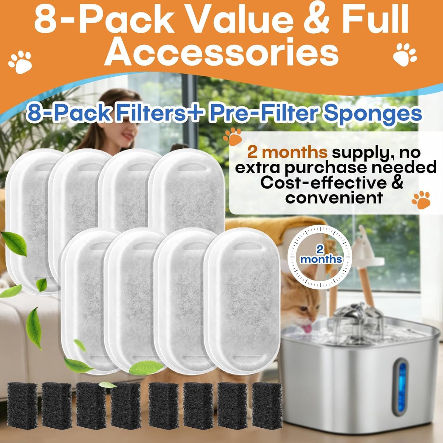 8 Pack Cat Water Fountain Filter, 2-Month Set Compatible with 74oz/2.2L Stainless Steel Pet Fountain, Quiet, Durable, Efficiency Filtration