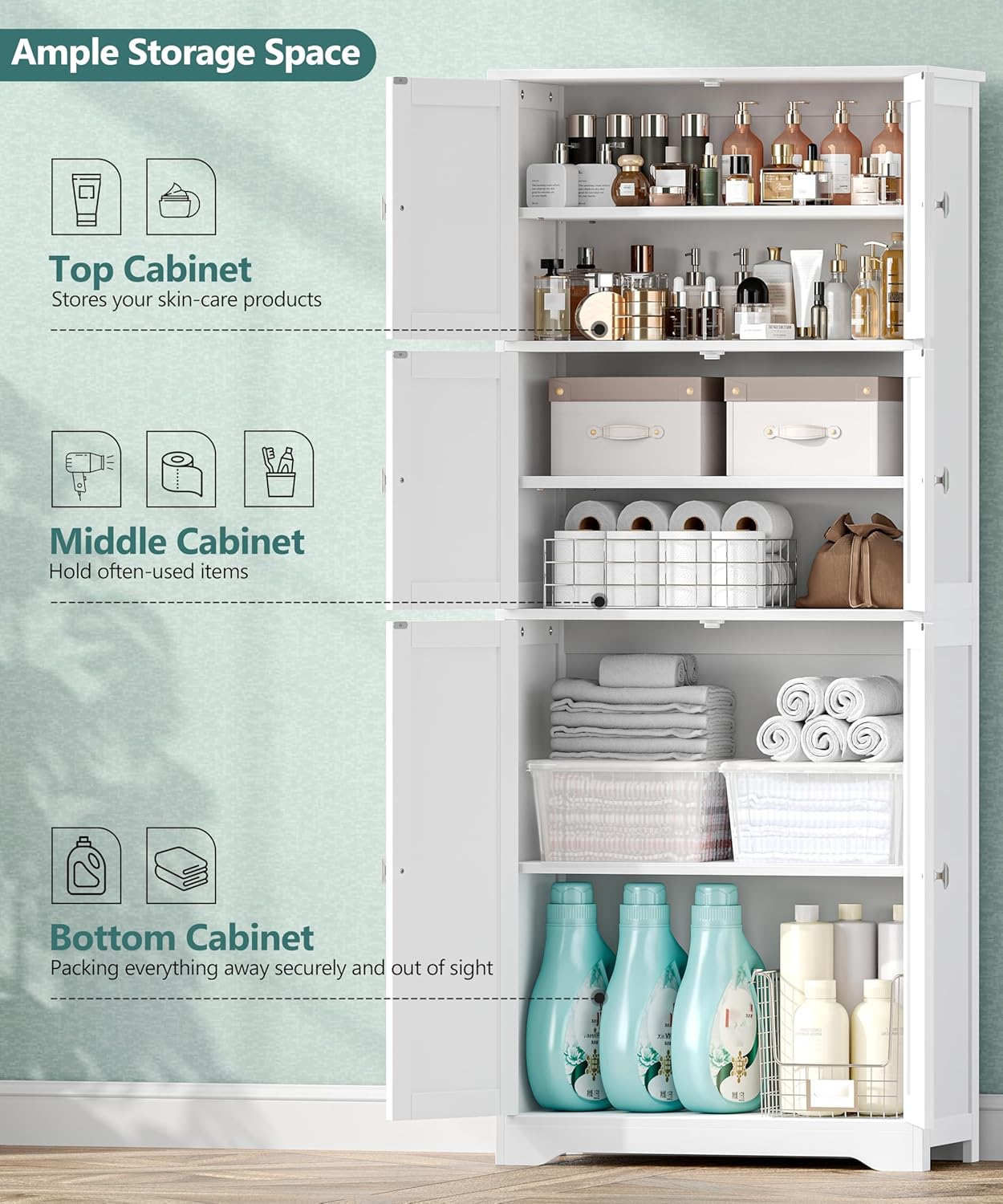 63" H Tall Bathroom Storage Cabinet, Linen Floor Cabinet with 6 Doors and Adjustable Shelves, Pantry Storage Cabinet for Bathroom, Living Room, Laundry Room, Kitchen, White