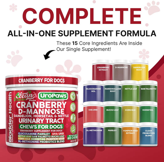 Dog UTI Treatment | Cranberry for Dogs | Urinary Tract Bladder Control | D-Mannose Dandelion Glucosamine HCL Marshmallow Nettle Leaf Saw Palmetto Uva Ursi Horsetail Beef Flavor by Clean Nutra Pets