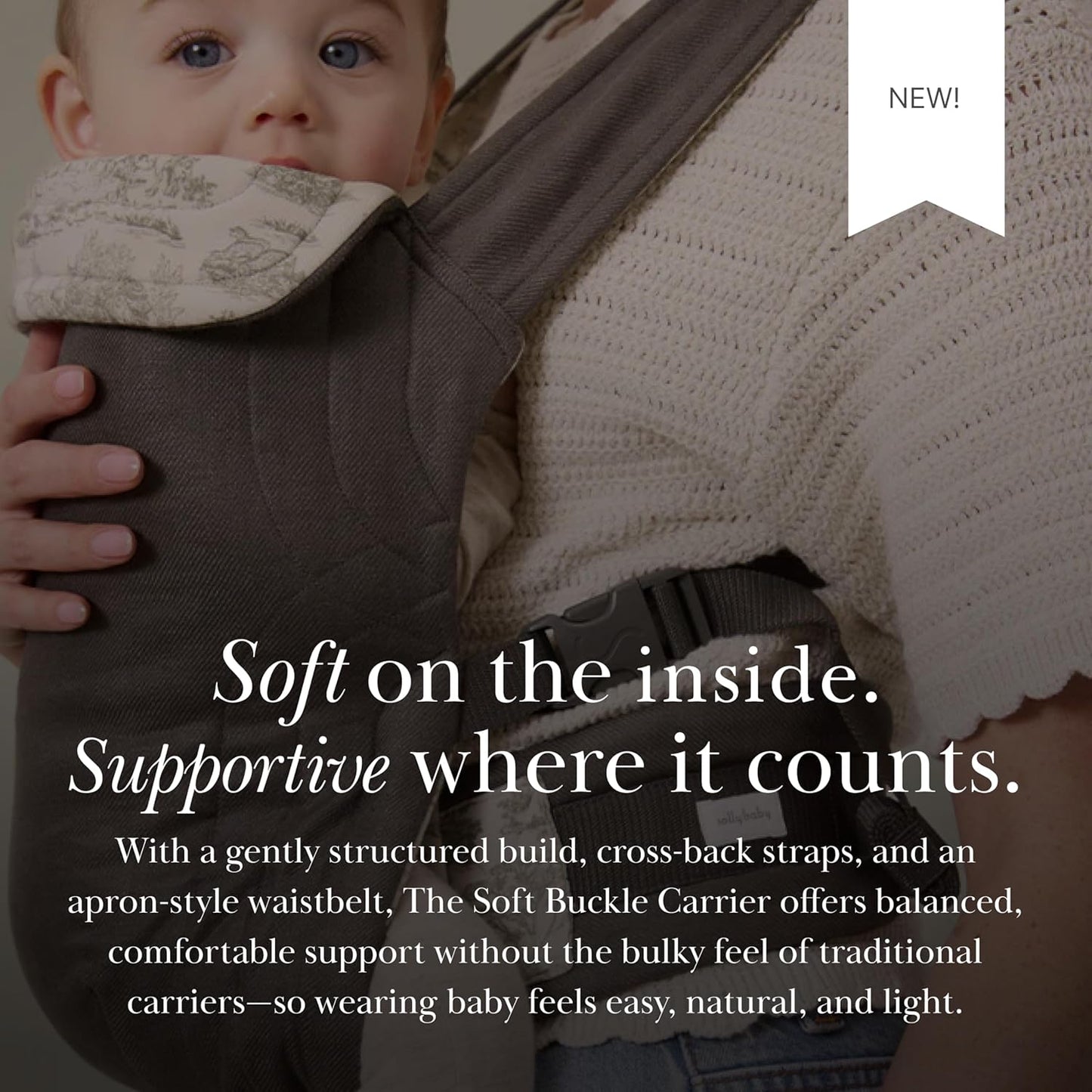 Solly Baby Soft Buckle Carrier, Buttery Soft Baby Carrier Infant to Toddler 10-45 Lbs., Ergonomic Design, Lightweight & Breathable Linen, Front & Back Carry, Baby Carrying Essential, Charcoal Toile