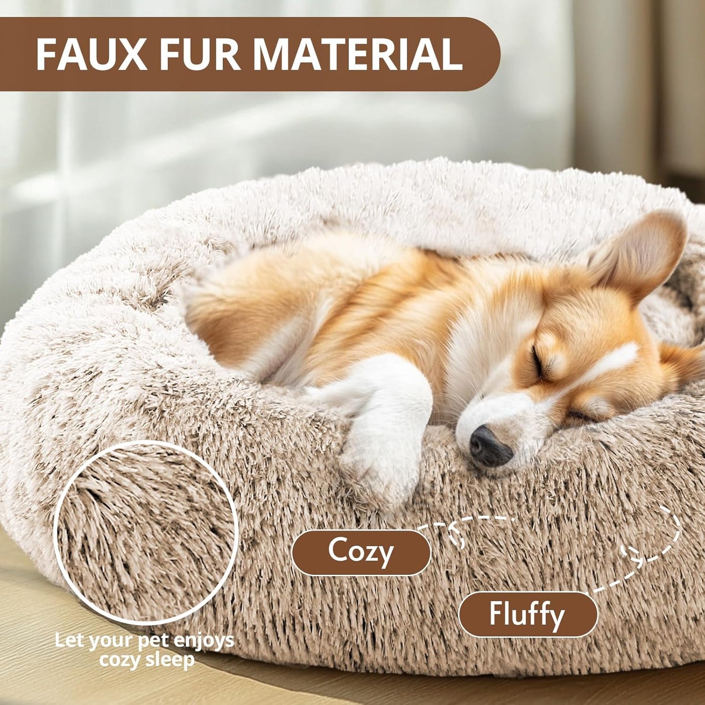 JOLLYVOGUE Calming Small Dog & Cat Bed for Indoor Cats - 20 inches Washable Donut Bed for Kittens & Puppies, Anti-Anxiety Round Fluffy Plush Pet Beds (Fits up to 15 lbs, Cream Brown)