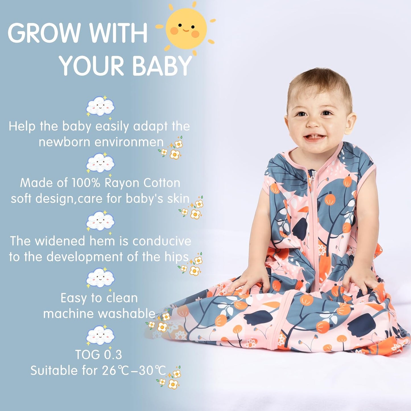 3 Pack Baby Sleep Sack 100% Rayon Cotton Baby Sleeping Bag 2-Way Zipper Toddler Wearable Blankets TOG 0.3. (Gerbera&Tulips&Pink, 12-18 Months)