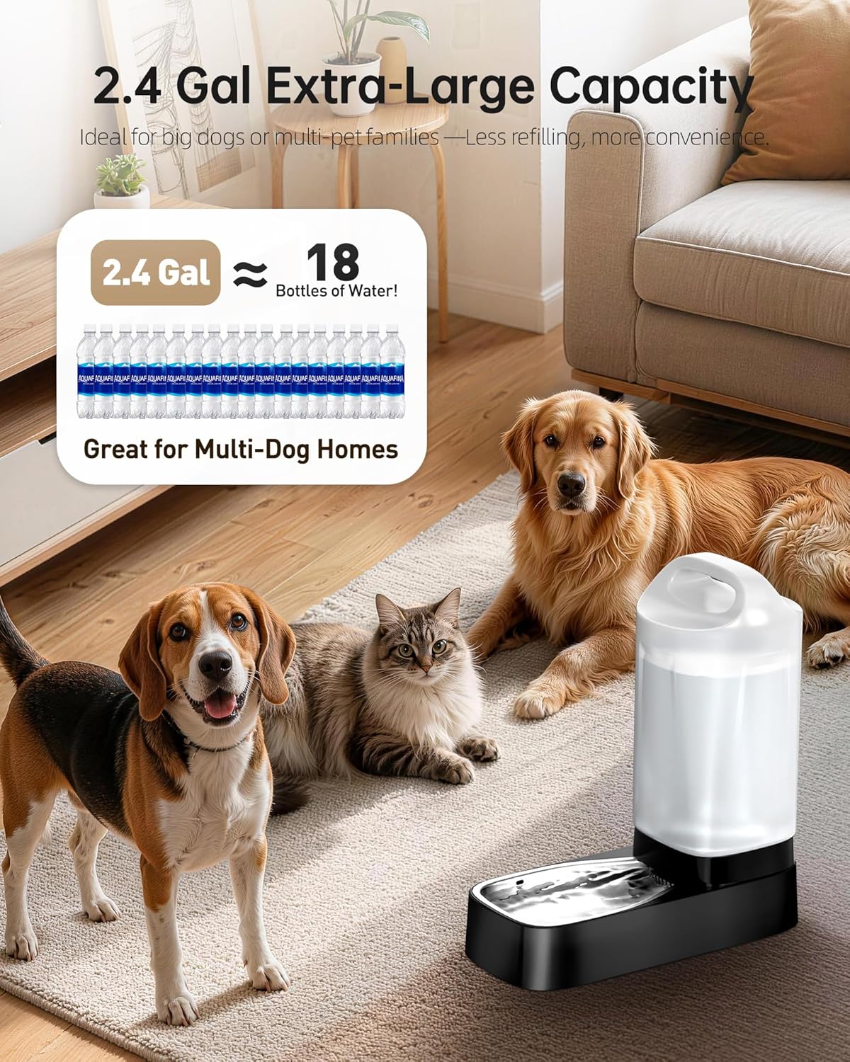 Automatic Dog Water Bowl Dispenser - 2.4 Gallon Gravity Pet Water Dispenser with 304 Stainless Steel Bowl, Dog Auto Feeders Bowls Self Waterer, Easy-Carry Handle for Large Dogs & Cats, Multi-Pet Home