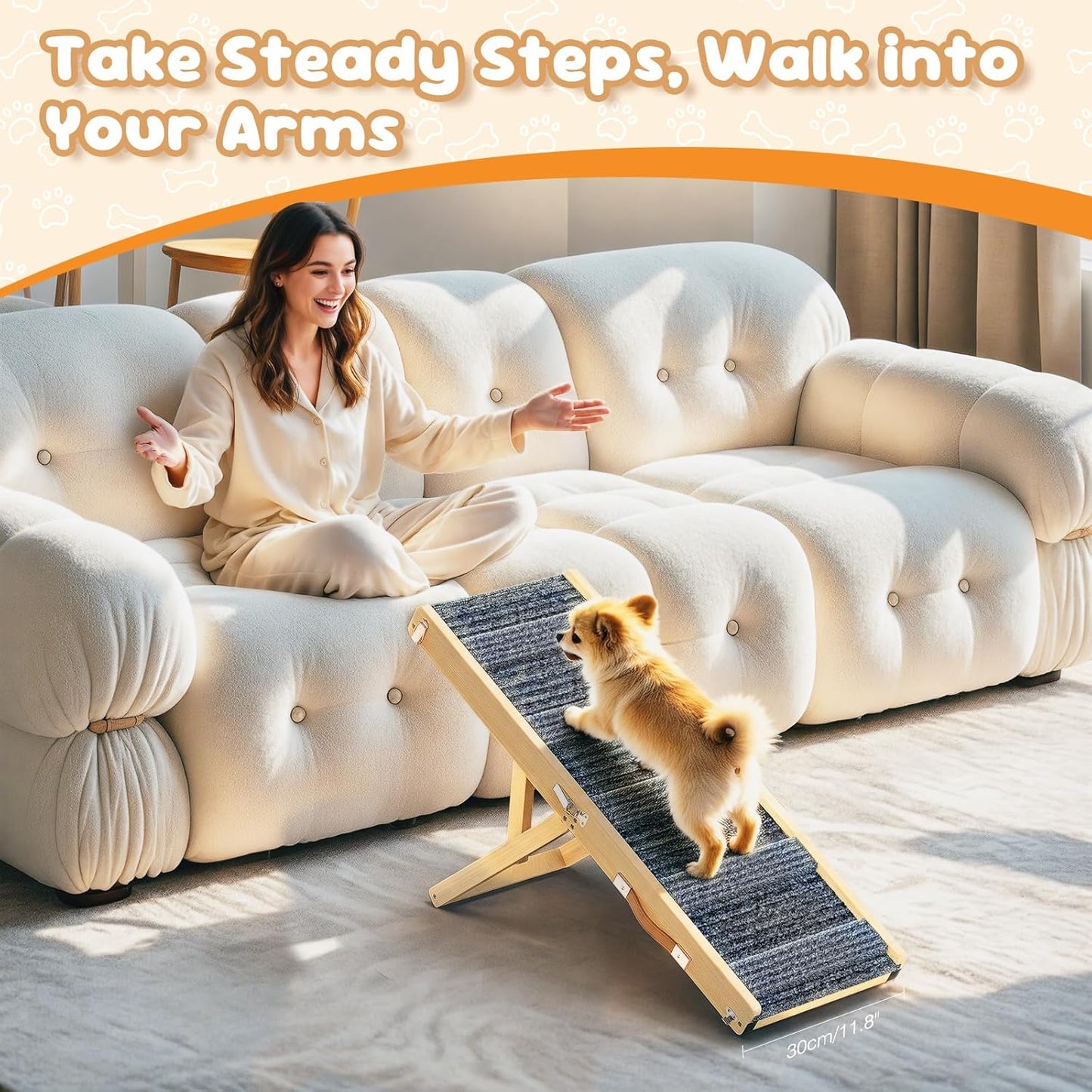 Pawaboo Foldable Dog Ramp, Small Dog Ramp for Couch Low Bed, 4 Adjustable Height from 13'' to 21", Stable Pet Steps with Non-Slip Pad, Portable Pet Ramps Use for Couch Sofa Stairs, Wood