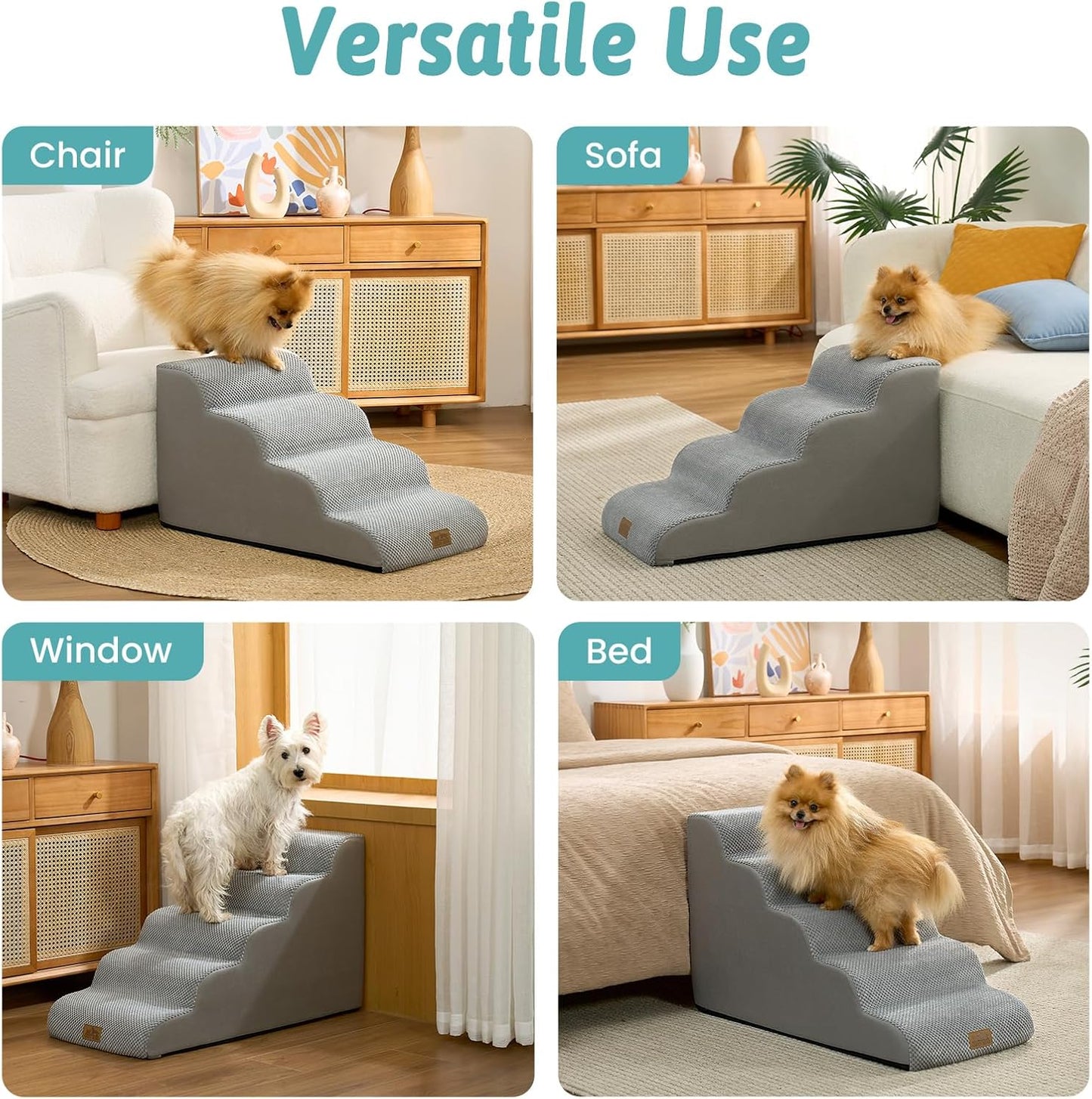 Dog Stairs for Small Dogs 15.7" H, 4-Step Sturdy Foam Dog Steps for Couch and Bed, Curved Pet Stairs for Puppy and Older Cat, Doggie Ladder with Washable Cover, 15.7x28.3x15.7 inch, Gray