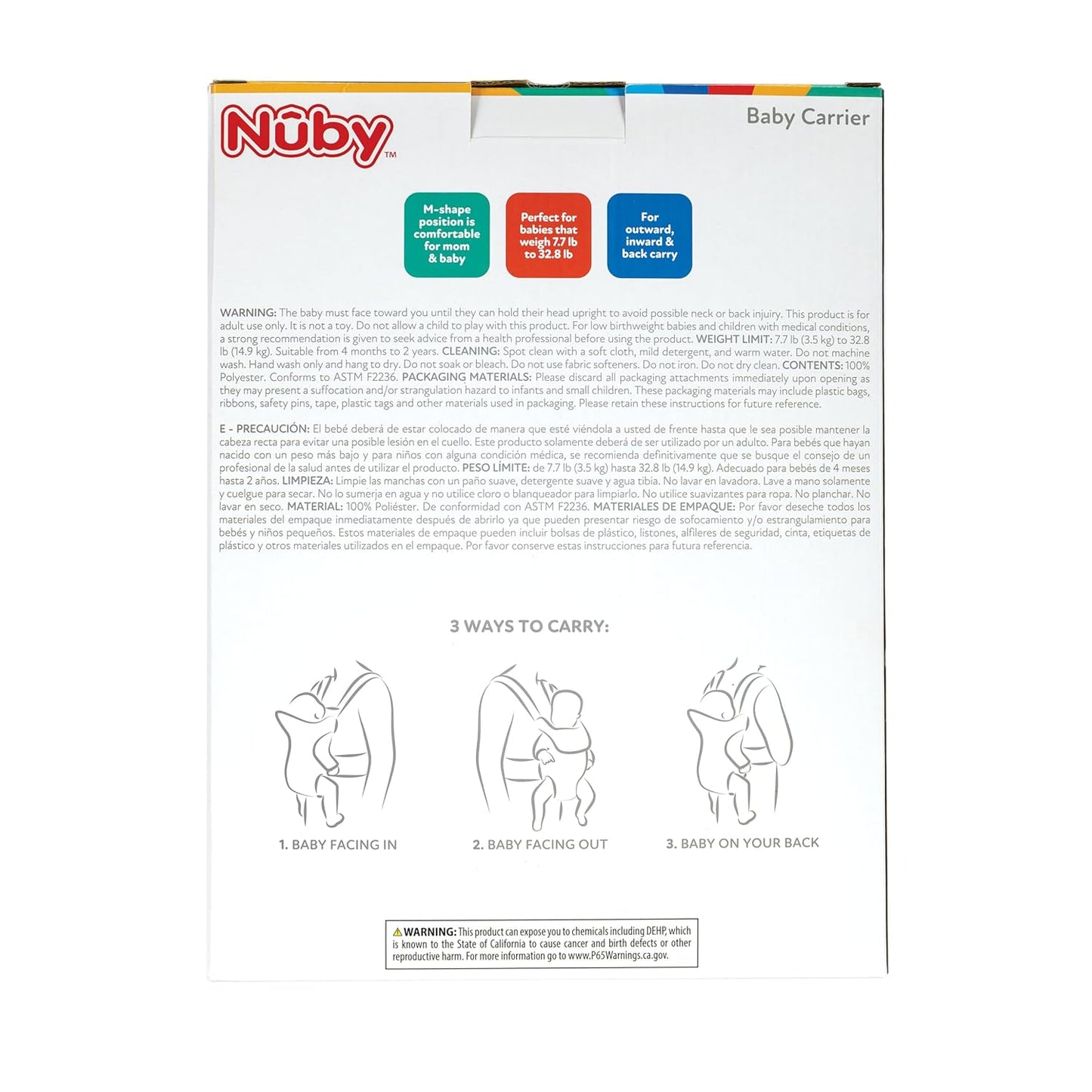 Nuby Baby Carrier with 3 Carry Positions, Adjustable Leg Support for “M” Position, Padded Shoulder Straps & Waist Belt – Lightweight, Comfortable & Secure Inward, Outward & Back Carry Option, Black