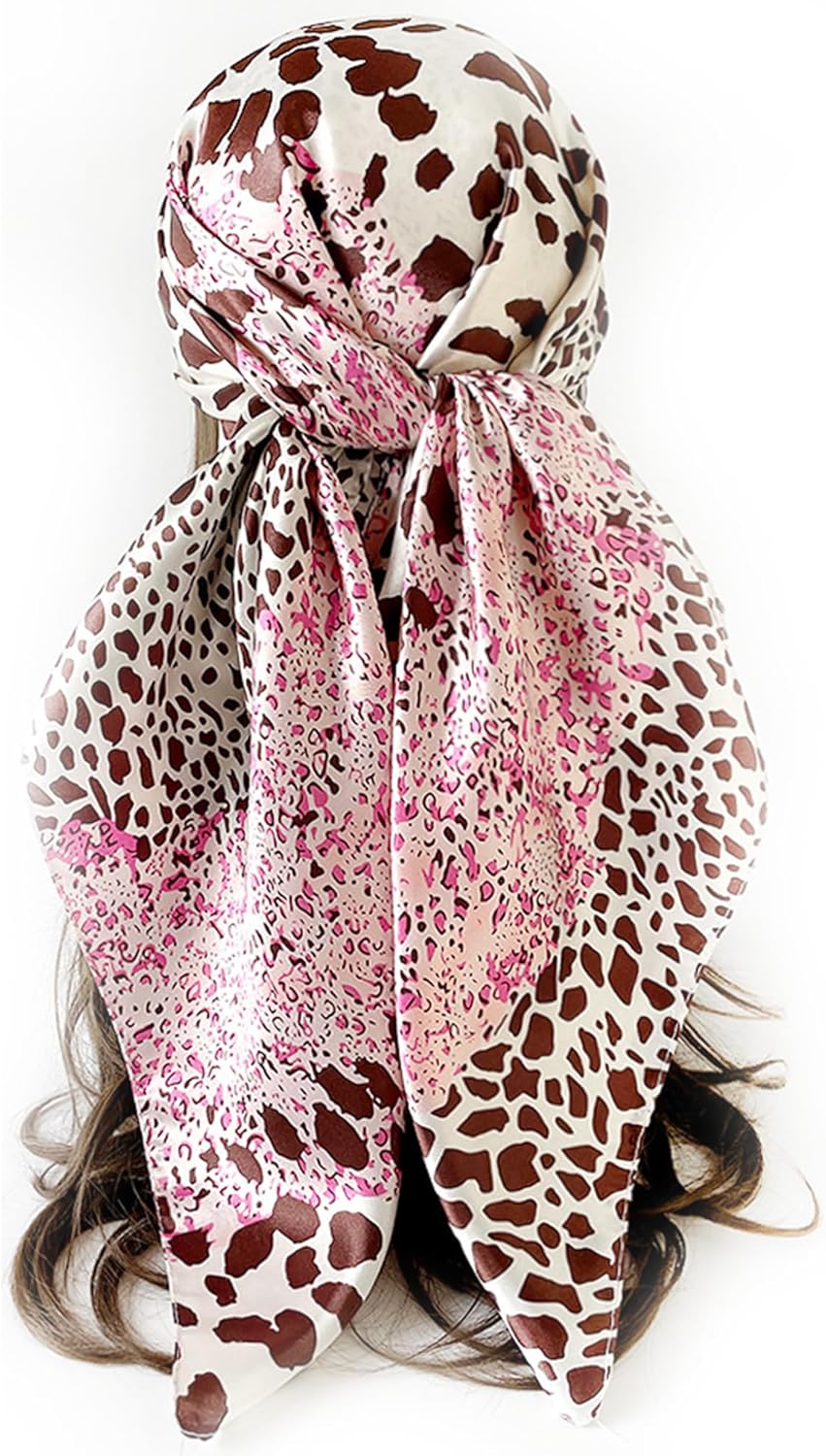 Women's Silky Satin Large Head Scarf Leopard/Paisley Neck Scarves Square Hair Wrapping Sleeping Bandana 35in