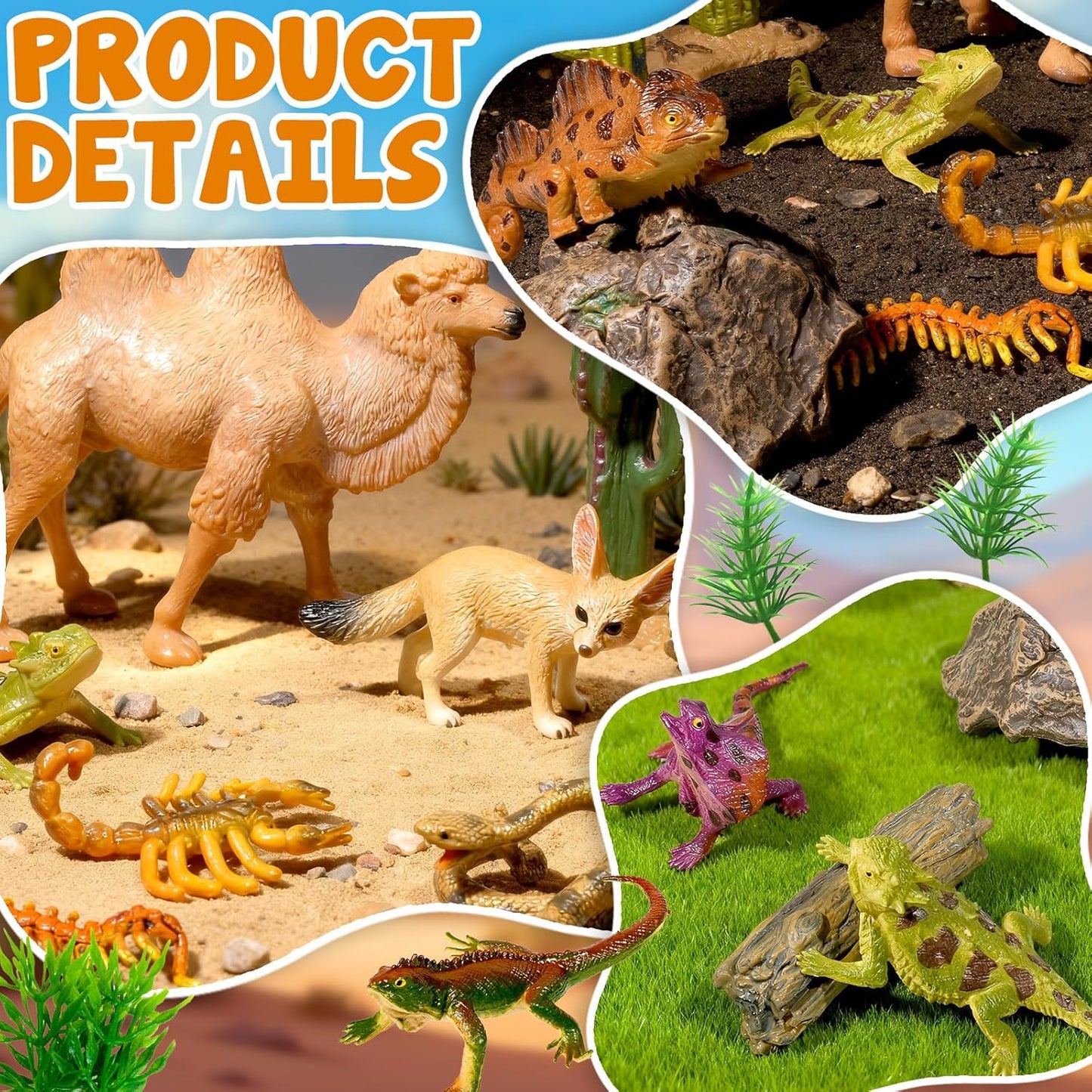 34 Pcs Desert Animals Figurines Set Model Trees Kit Desert Diorama Supplies Animals with Tree and Cactuses Figurines Resin Insects for Diorama Birthday Party