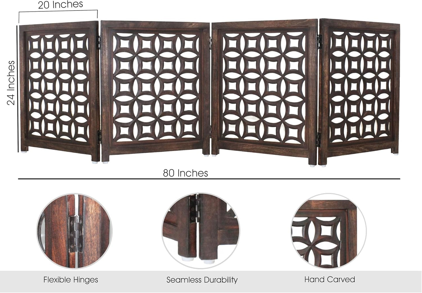Wooden Foldable Pet Dog Safety Gate -4 Panels 20"Wx24"H- Hand Carved Solid Wood And MDF - Free Standing Portable Indoor Doorway Hall Stairs Dog Puppy Fence - Fully Assembled - Antique Brown -IRONGATE